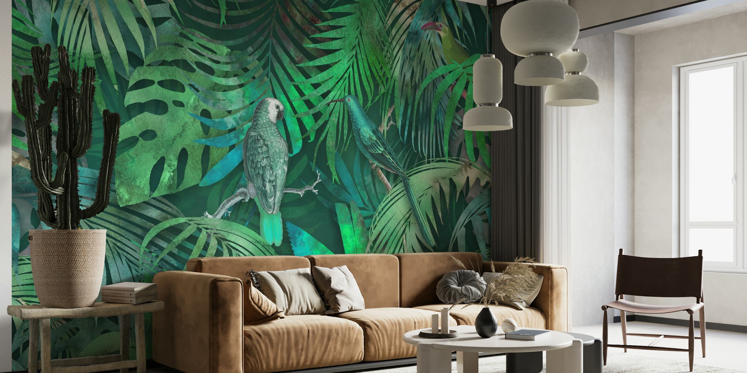 Um mural verdejante com papagaios escondidos entre folhas tropicais