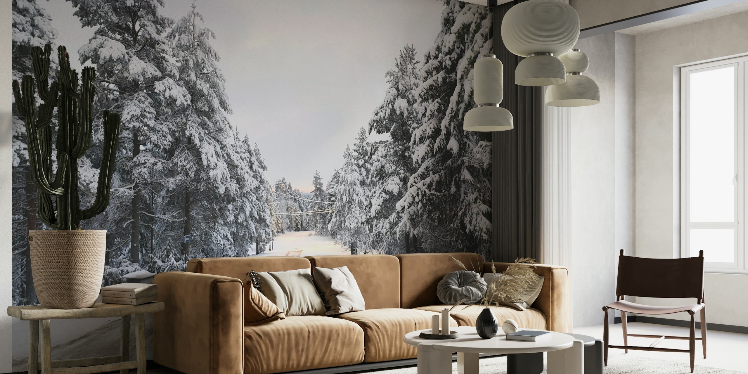Snowy Forest Path Wall Mural with trees and a winding trail