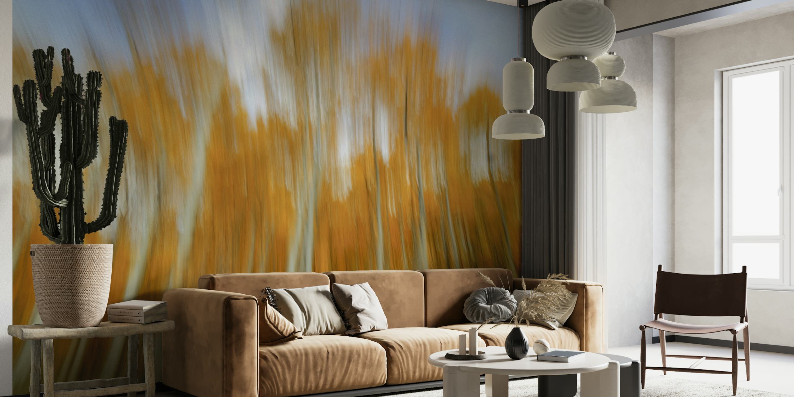 Abstrakt efterårsvægmaleri med en dynamisk sløring af efterårsfarver, der repræsenterer blade i bevægelse