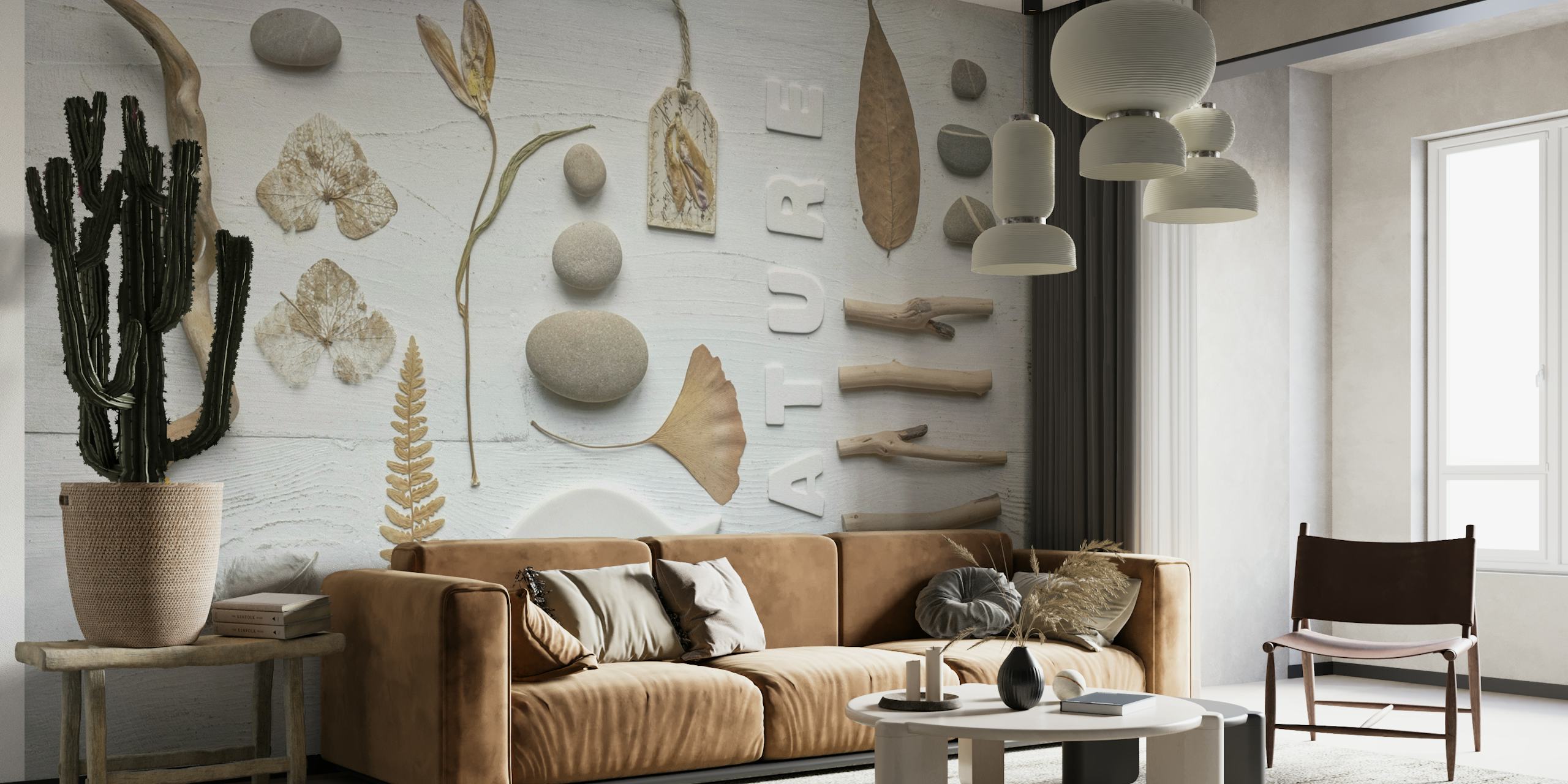 Nature collage wall mural featuring fish, stones, feathers, and botanical elements on a neutral background