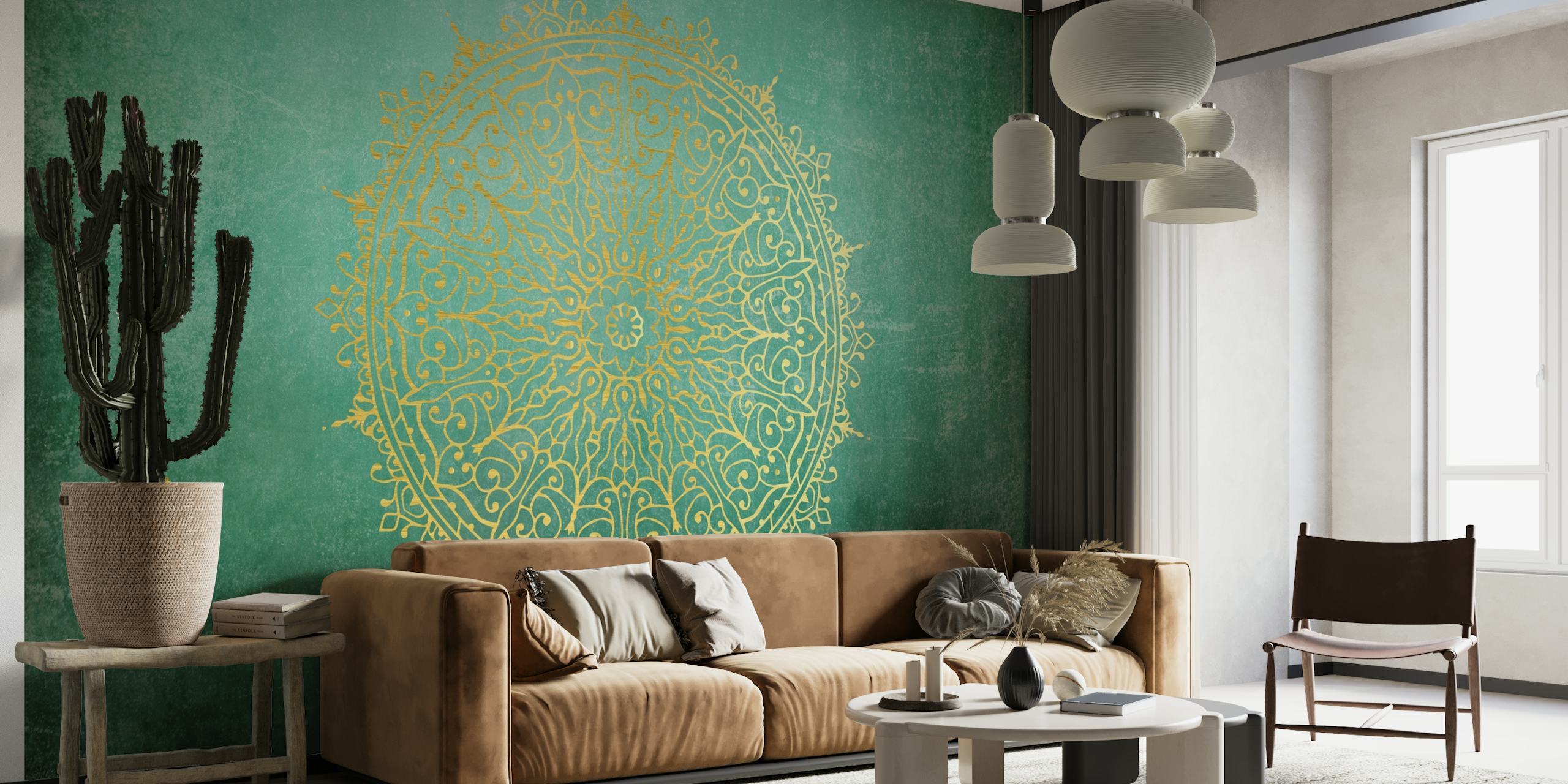 Smaragdinvihreä seinämaalaus, jossa on monimutkainen kultainen mandalakuvio