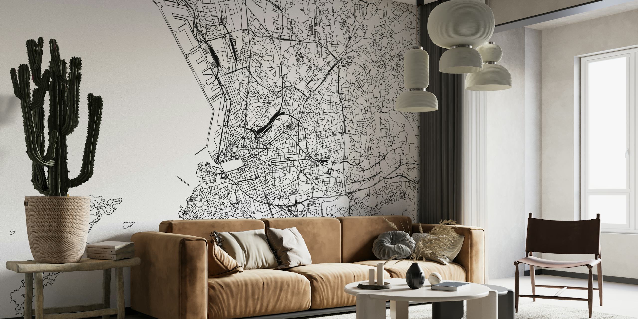 Zwart-wit gedetailleerde kaart van Marseille muurschildering voor interieurdecoratie.