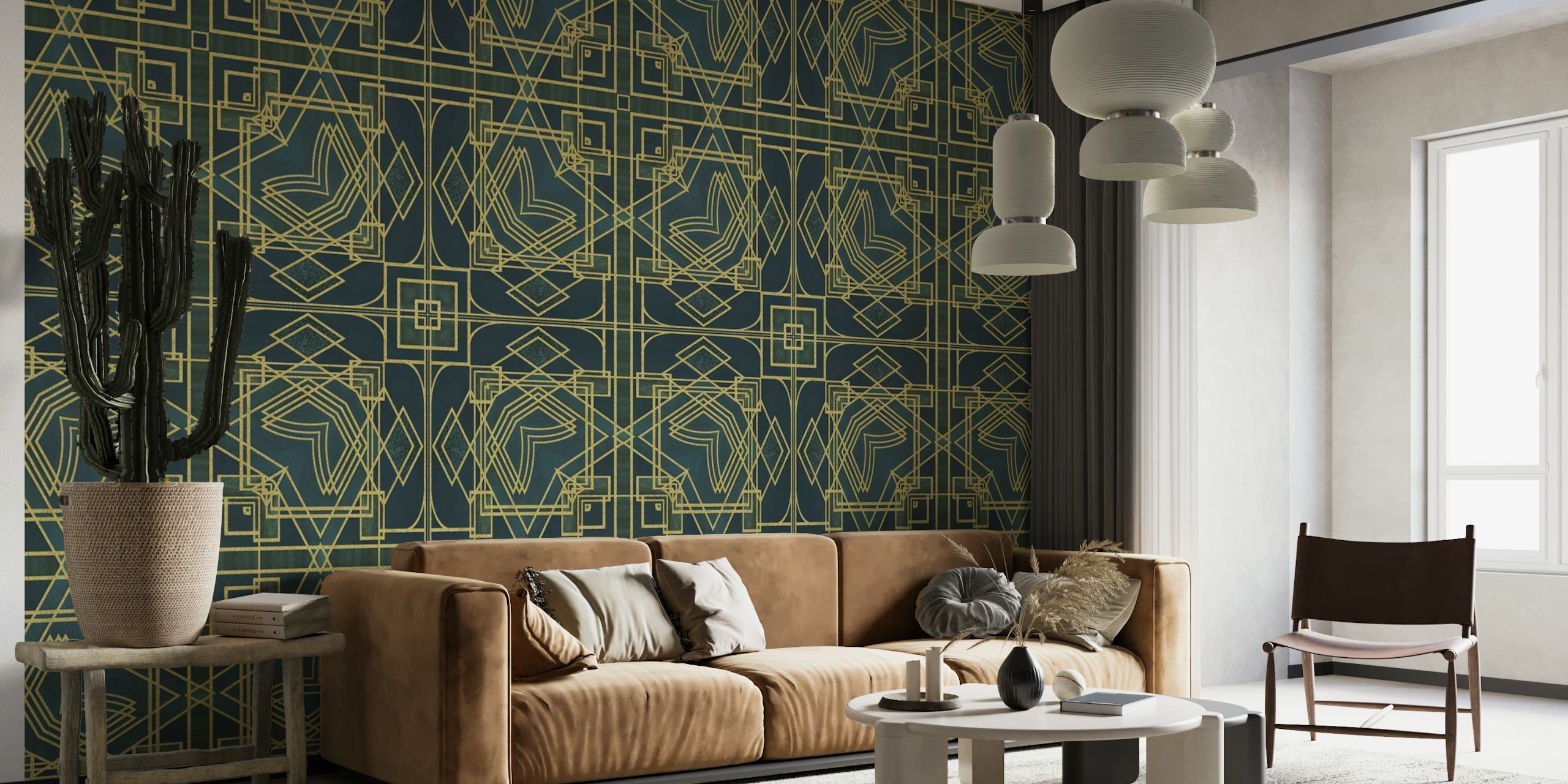 Gold and Dark Green Art Deco Wallpaper depicting the luxury of the Gatsby era
