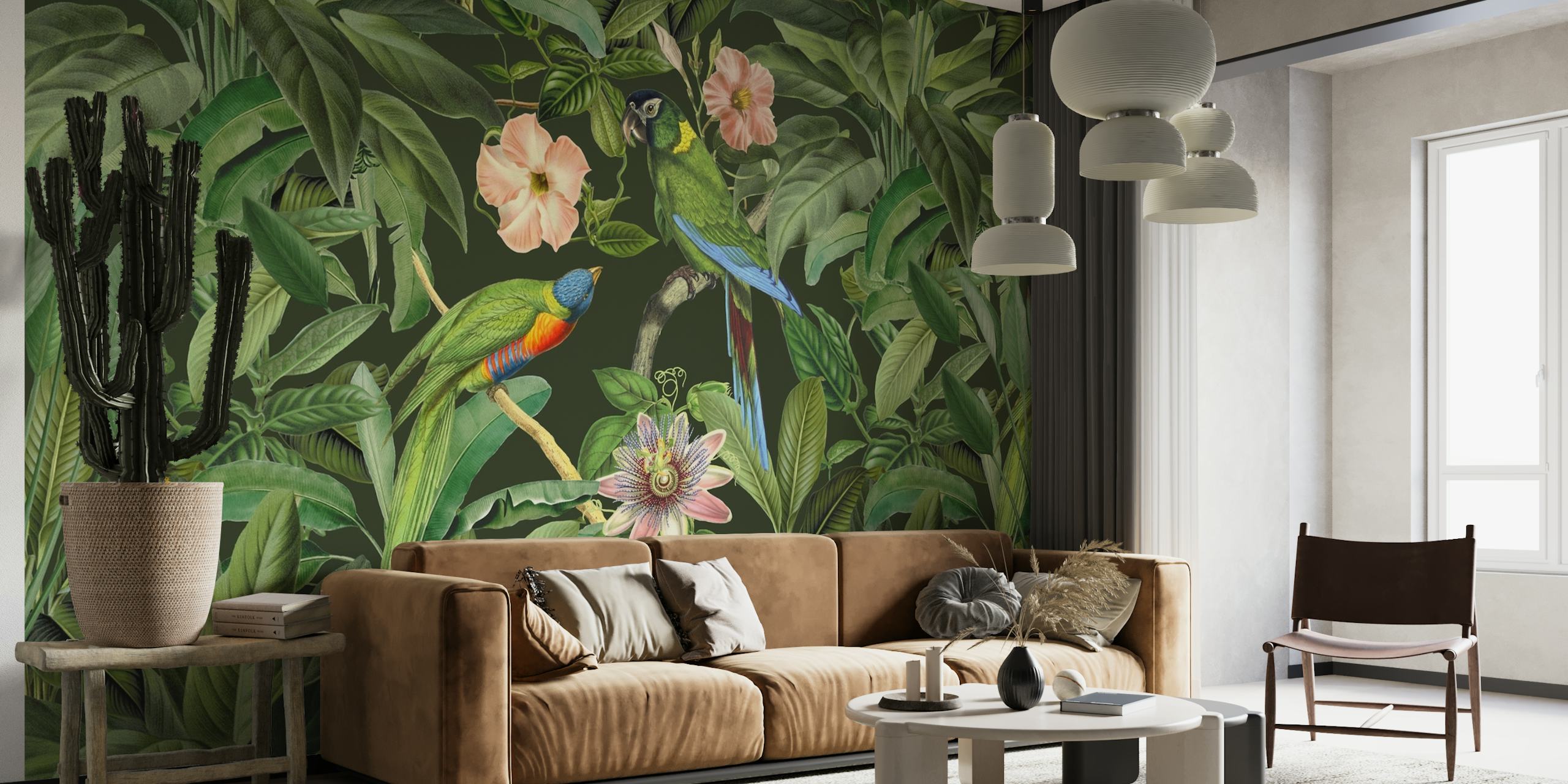 Eloisat trooppiset lehdet ja eksoottisten lintujen seinämaalaus