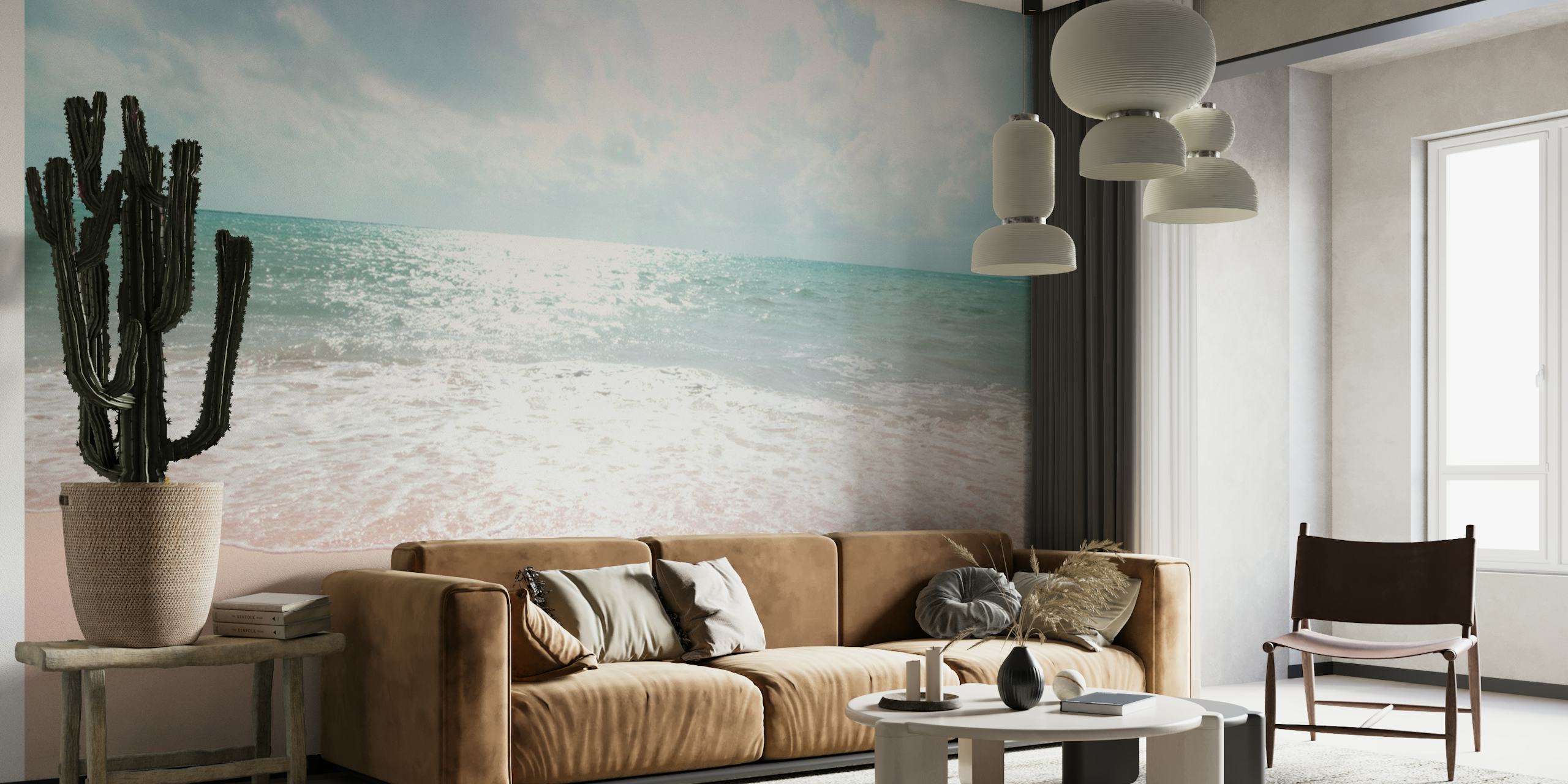 Caribische Oceaan Tranquility 2 muurschildering met een sereen strand en zachte golven