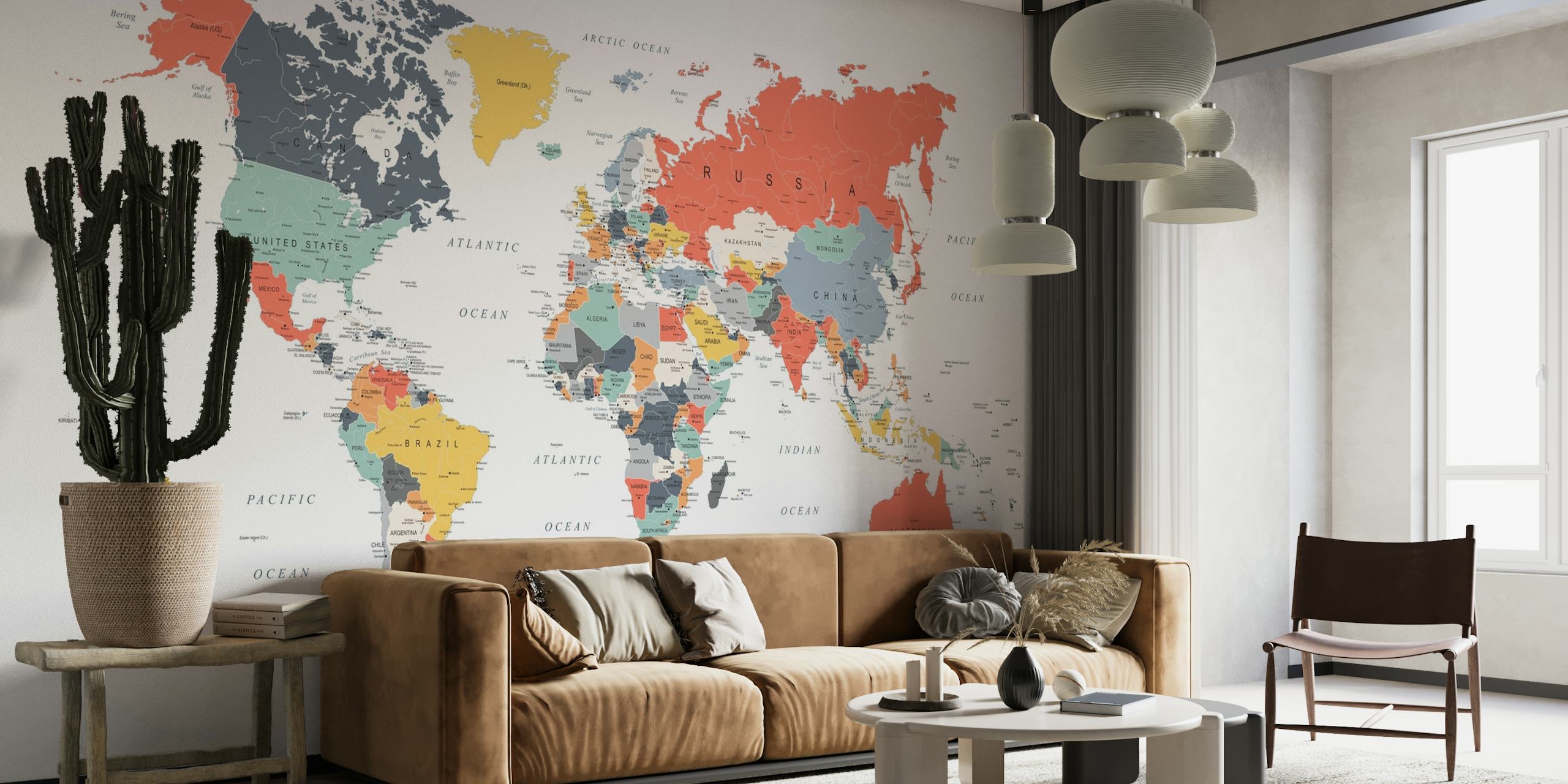 Colorido mural de pared con un mapa del mundo con una variedad de colores alegres para cada país
