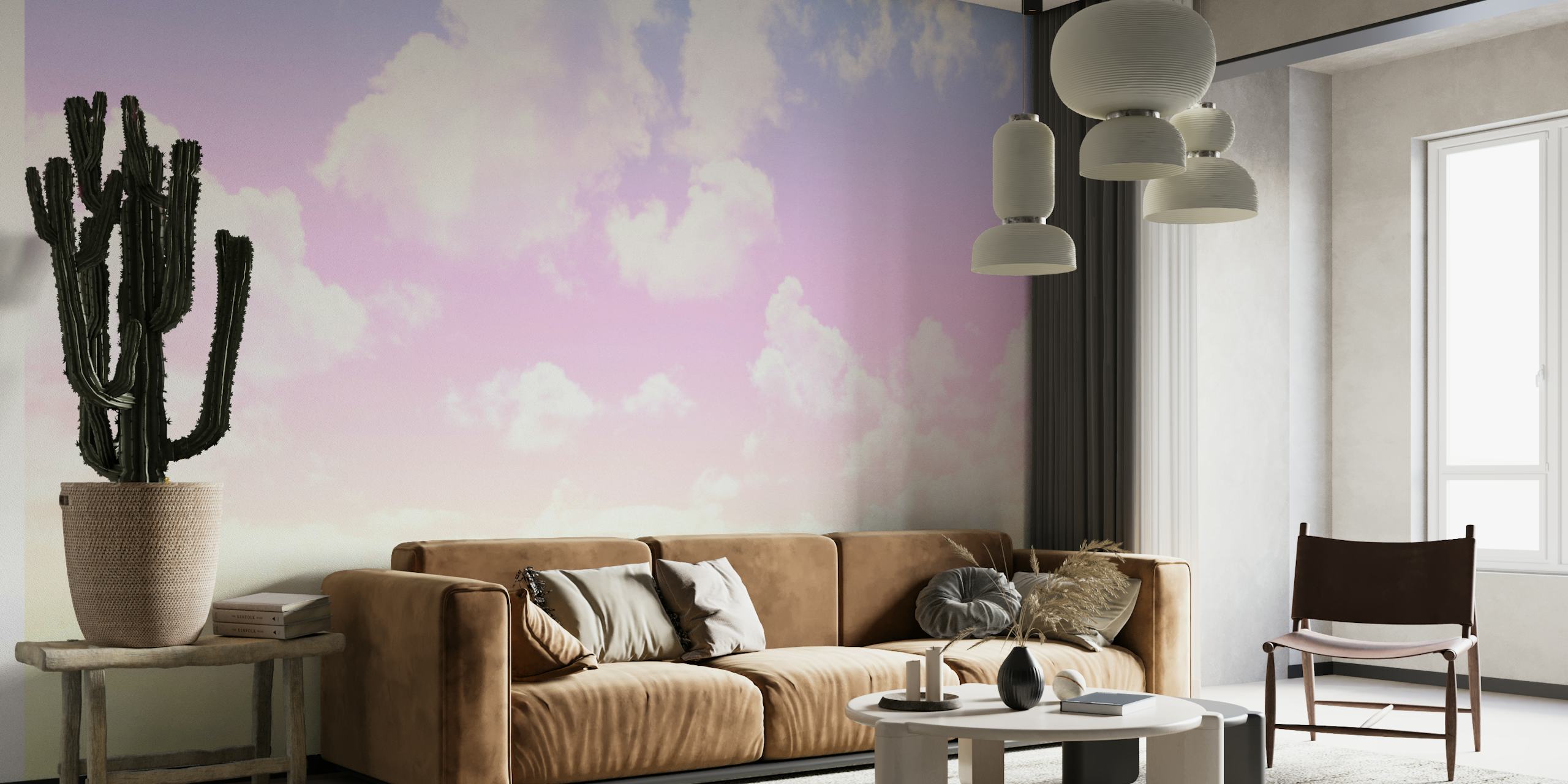 Dreamsicle Pastel Clouds 1 -seinämaalaus pehmeän pinkin, korallin ja sinisen sävyillä