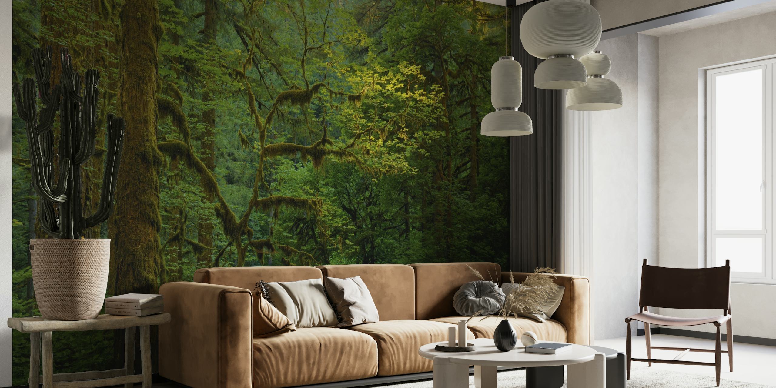 A wall mural depicting a serene forest scene with beams of light filtering through the dense foliage.