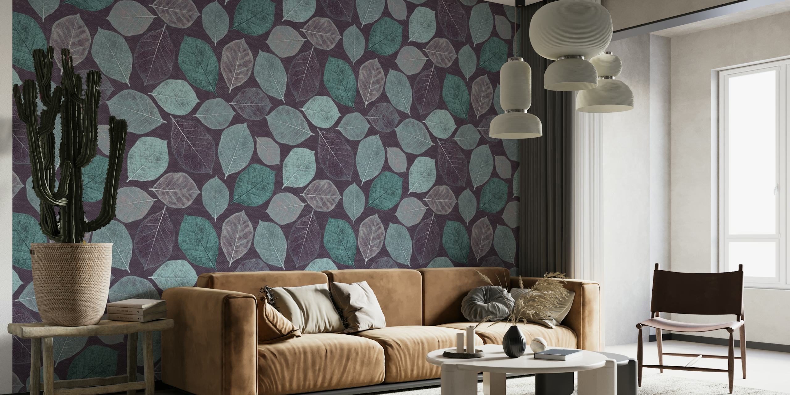 Magnolia Leaves Eggplant Aqua wall mural with a pattern of overlapping leaves in rich purple and aqua colors.