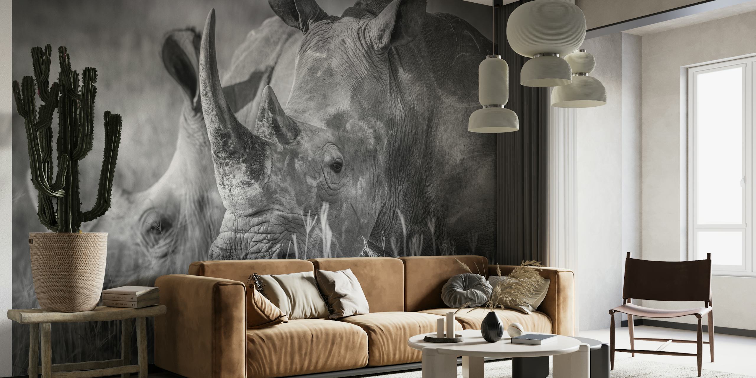 papier peint mural rhinocéros noir et blanc dans un cadre naturel