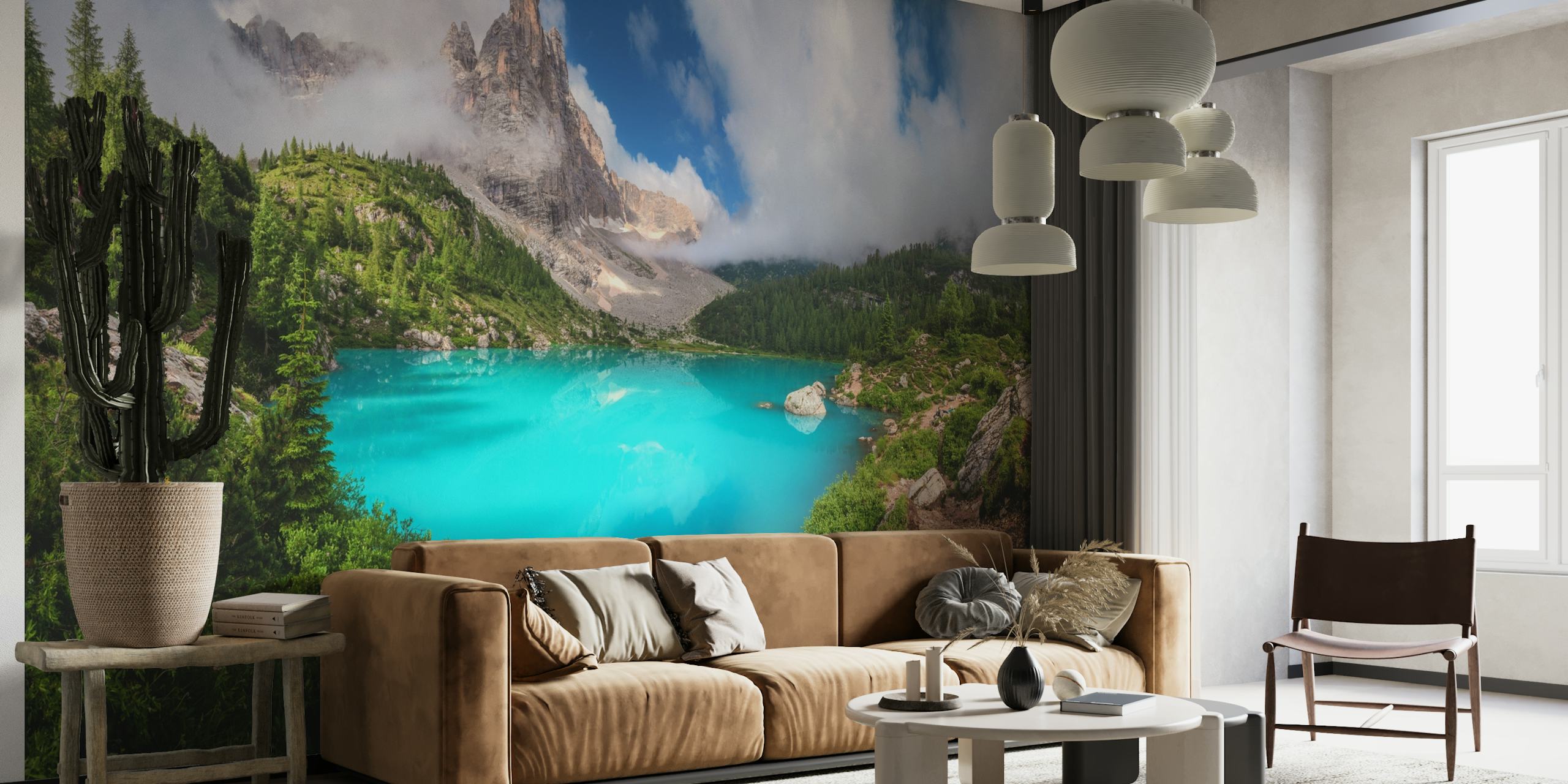 Panoramische muurschildering Lago di Sorapis met het turquoise meer en de Italiaanse Alpen