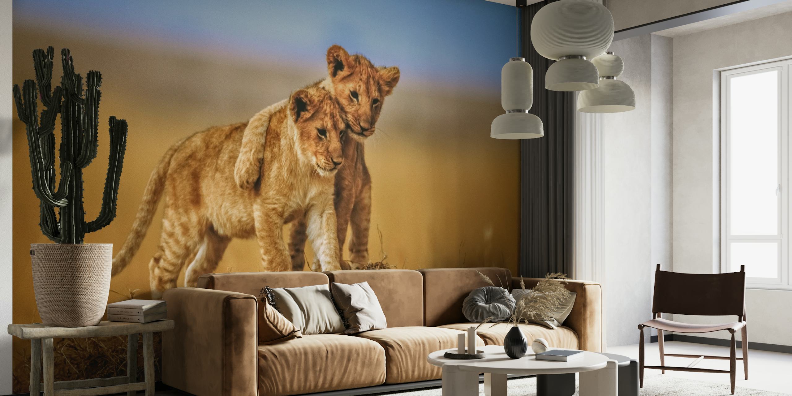 Two lion cubs bonding on the savannah in 'Brothers for Life' wall mural
