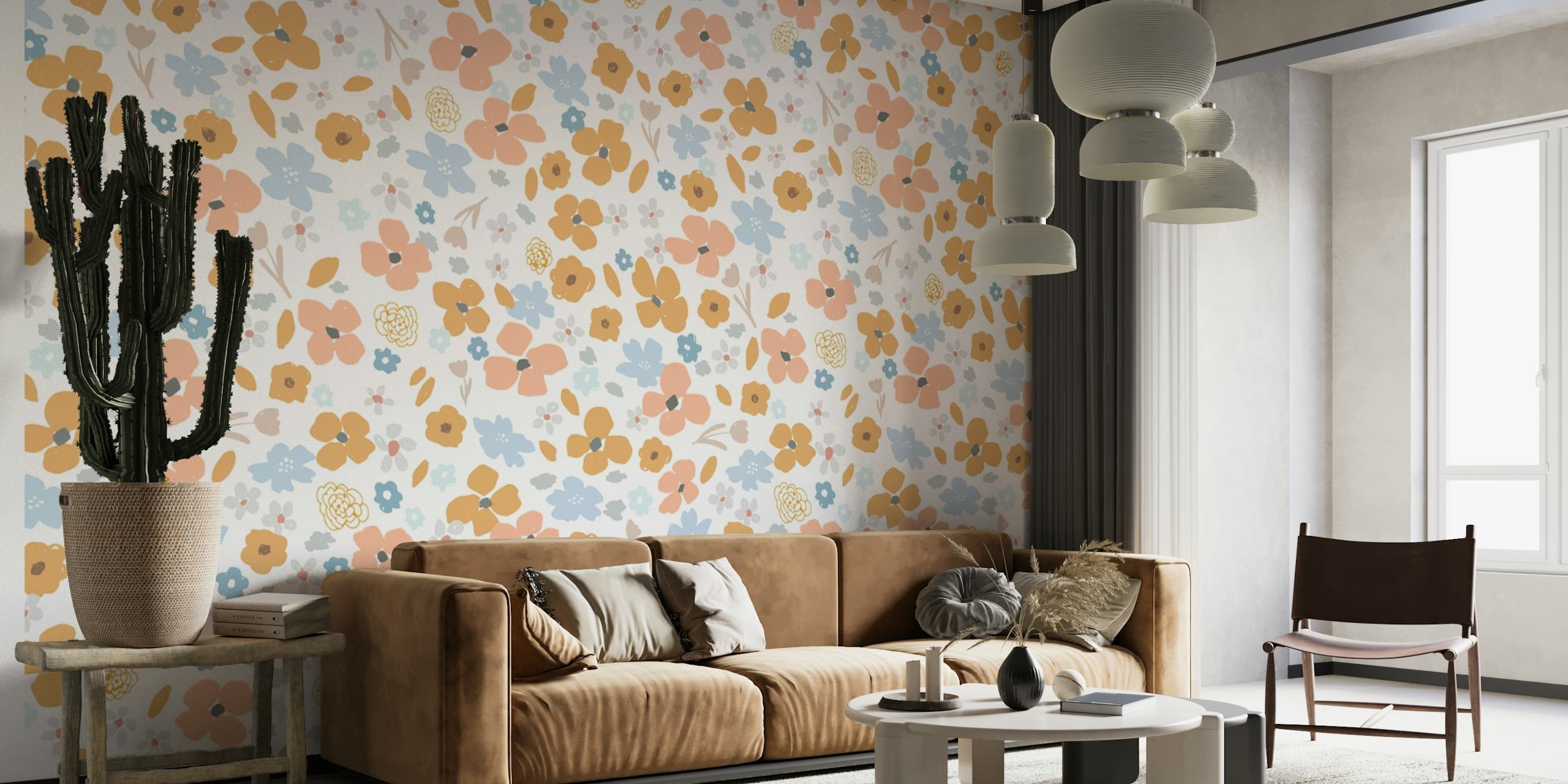 Marie_modern kukkakuvio, jossa on sinappia, poskipunaa ja perunakukkia luonnonvalkoisella taustalla seinämaalaukseen