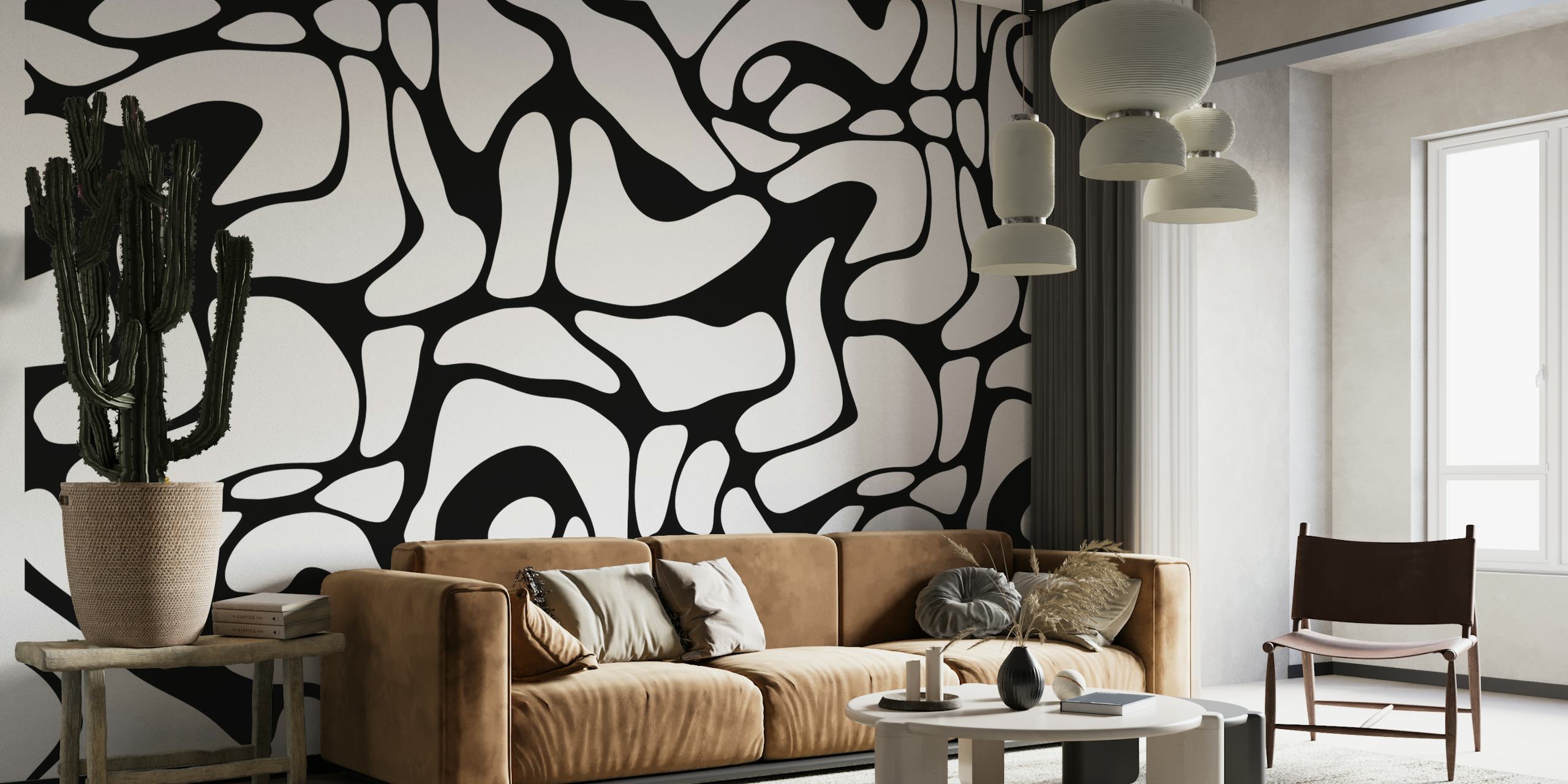 Abstrakt sort og hvid organiske former vægmaleri