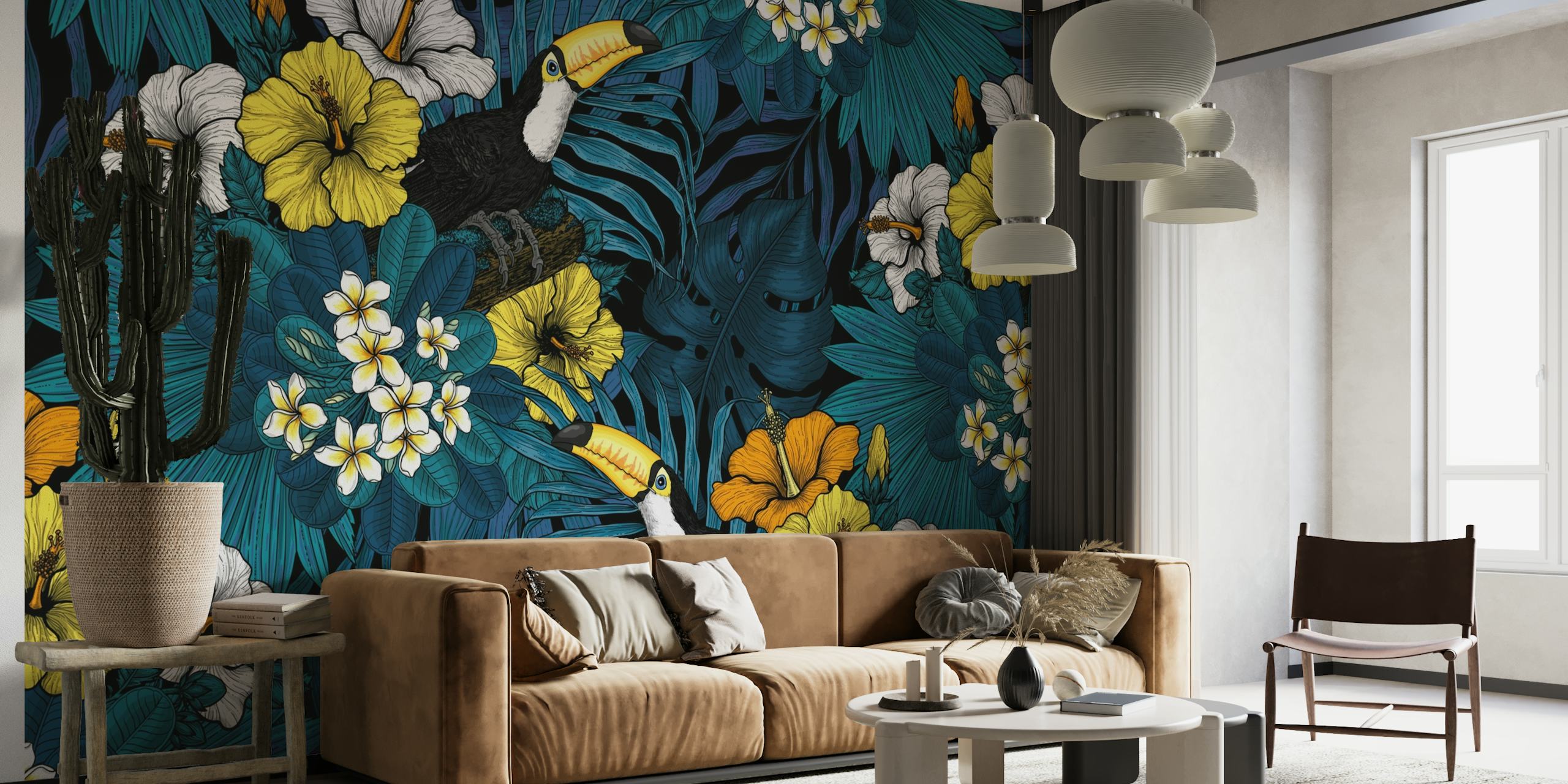 Toucans amd tropical flora papel de parede
