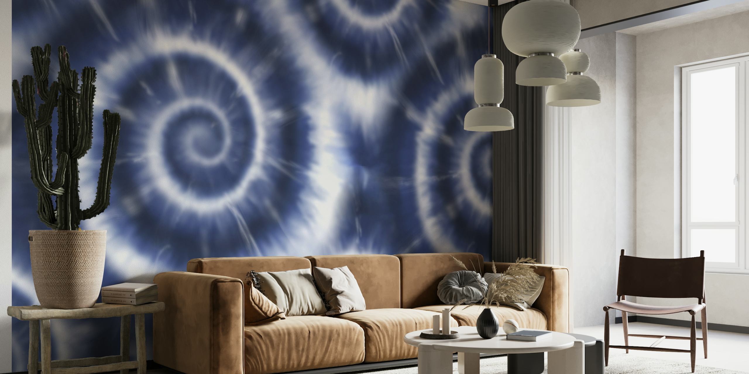 fotomural vinílico de parede padrão shibori tie-dye azul e branco