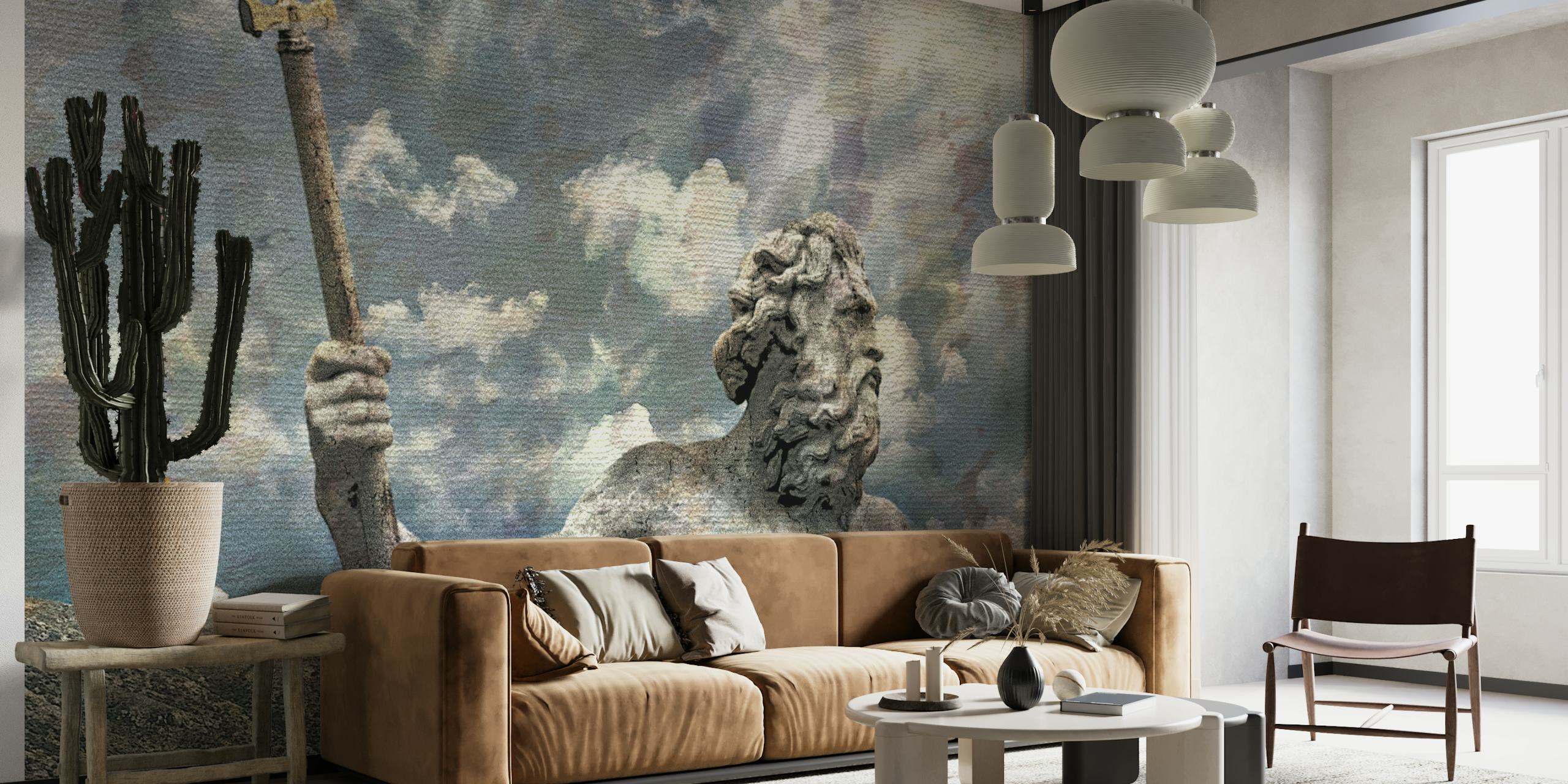 Mystical Poseidon wall mural with god of the sea and cloudy skies