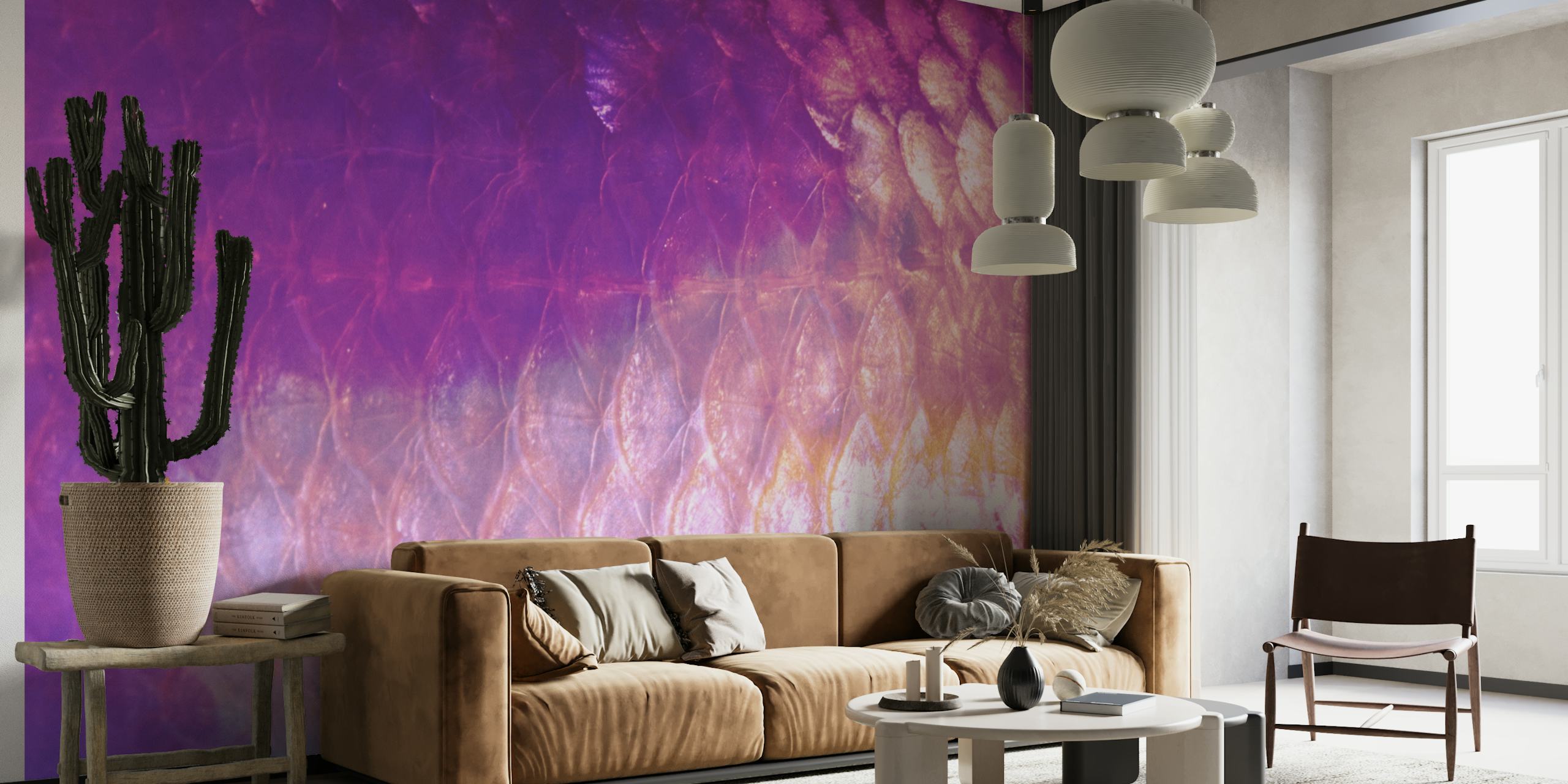 Mystic Koi Fish wall mural with purple, pink, and gold watercolor shades