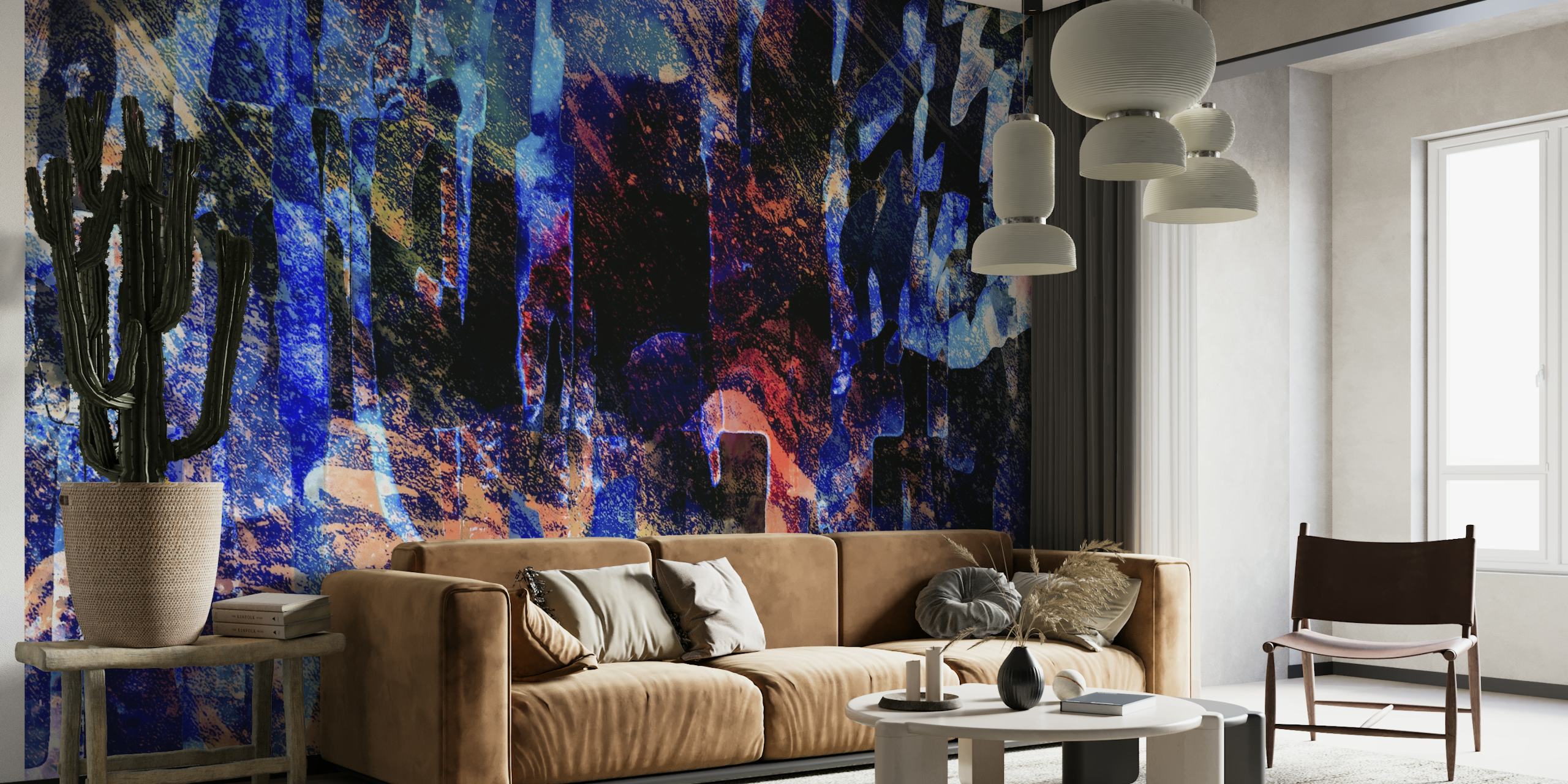 Mural de parede abstrato Night Dye com uma mistura de azuis profundos e cores quentes em um design artístico moderno