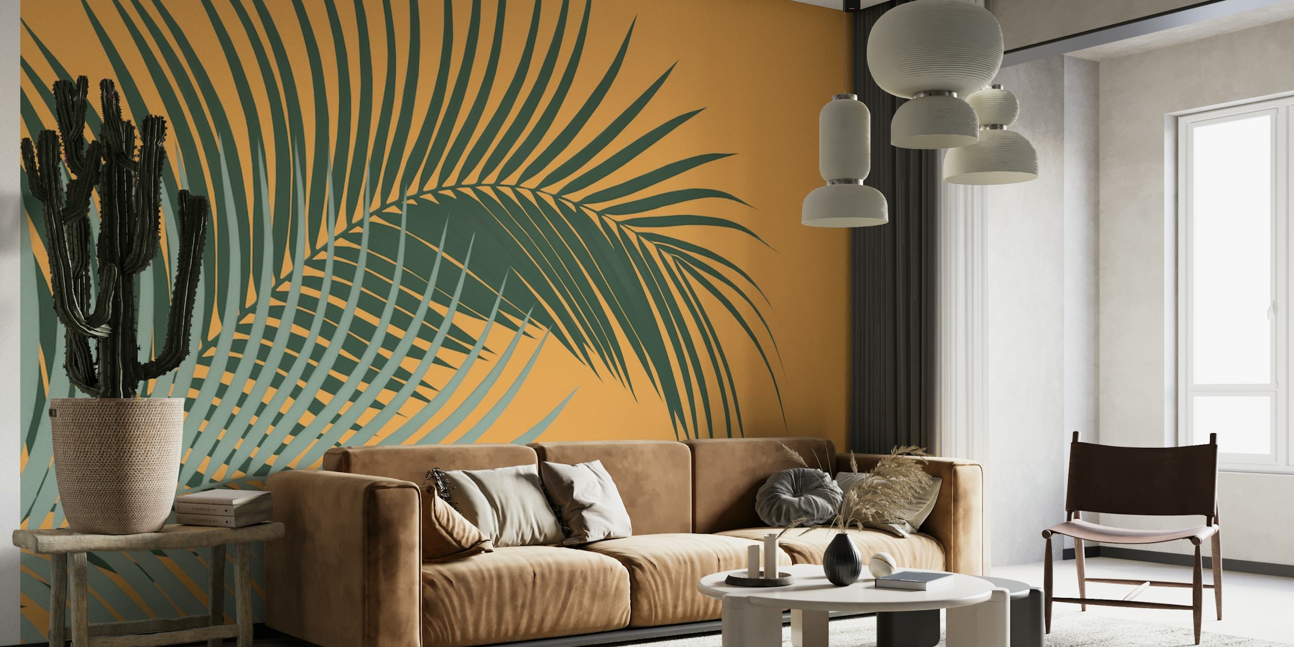 Um mural de parede com folhas de palmeira verdes sobre um fundo laranja.