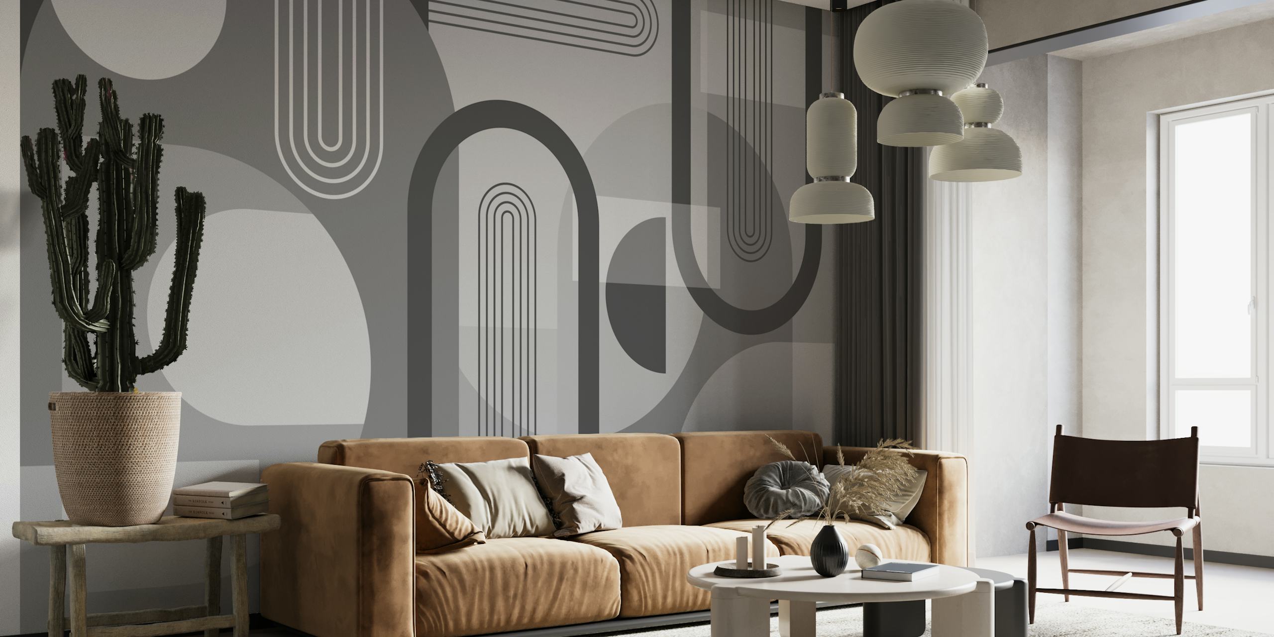 Mural de parede com arcos abstratos em tons de cinza para decoração contemporânea