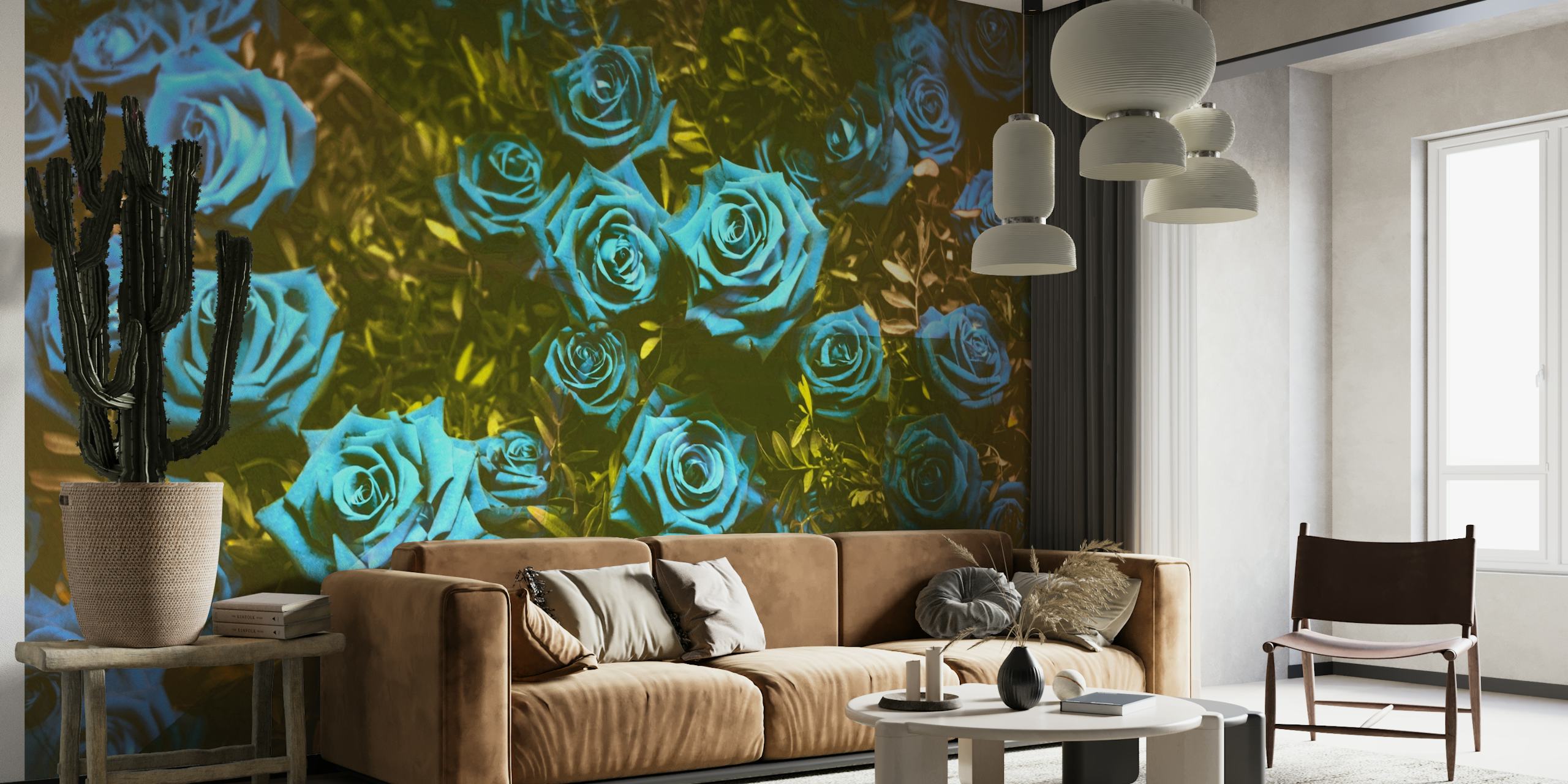 Enchanting blue roses wall mural on a dark backdrop, creating a tranquil garden atmosphere