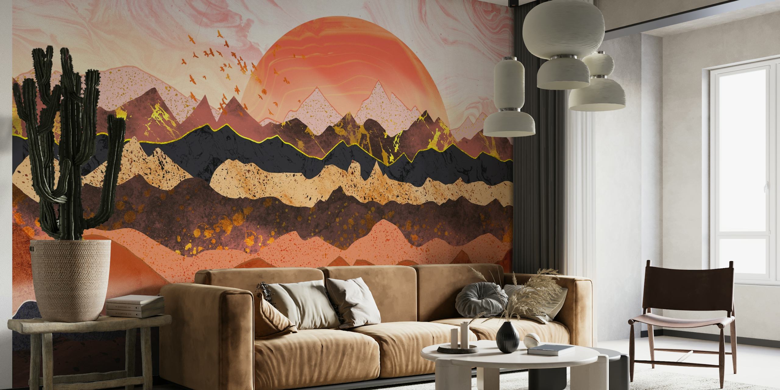 Abstract mountain landscape wall mural with sunset in warm tones of pink, amber, and brown