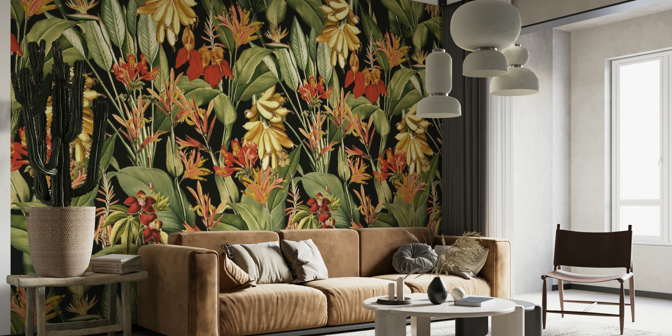 Tropical Night Jungle wall mural with lush green foliage and vibrant flowers