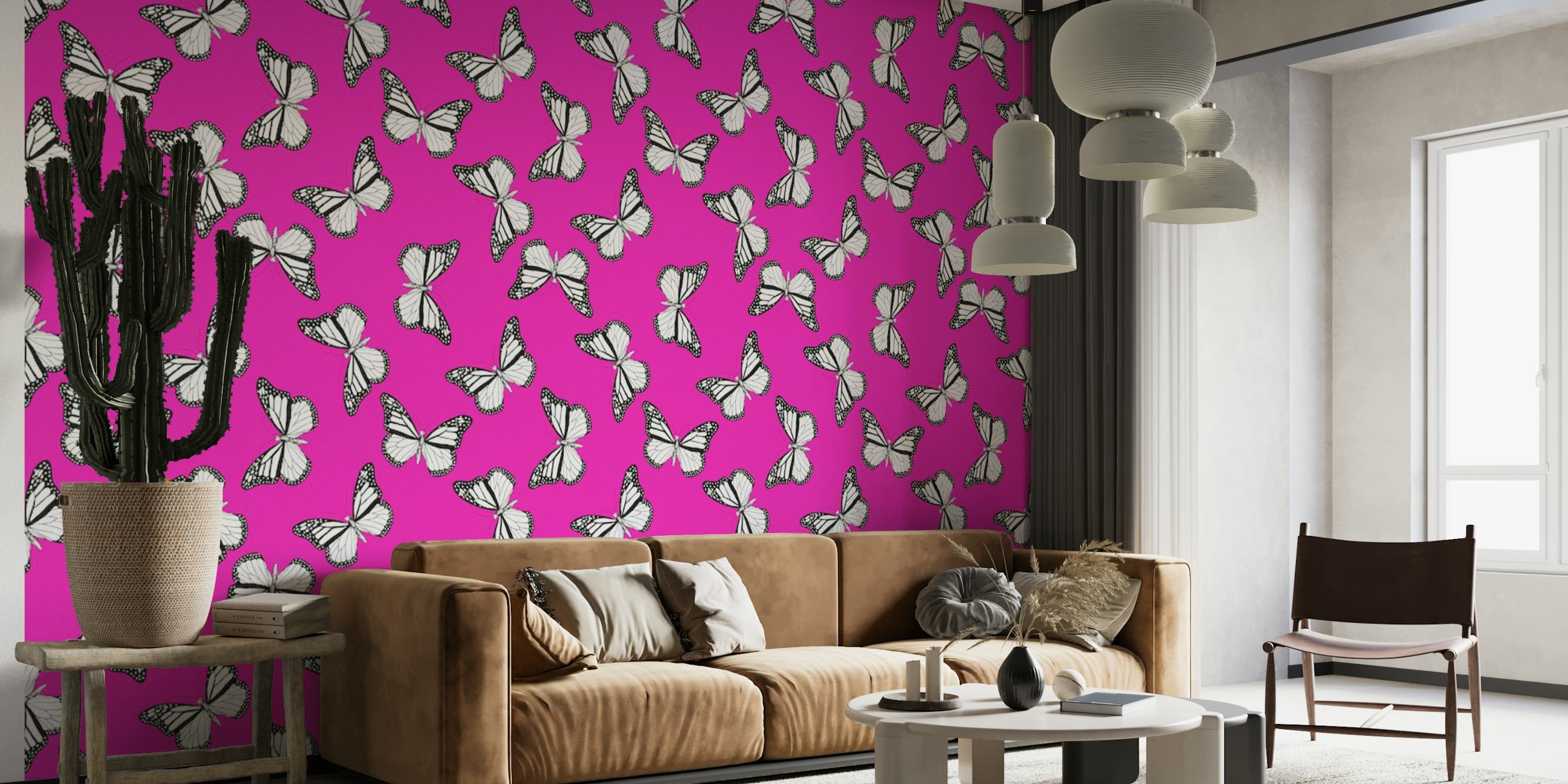 Wandbild „Monarchfalter“ auf happywall.com mit rosa Hintergrund