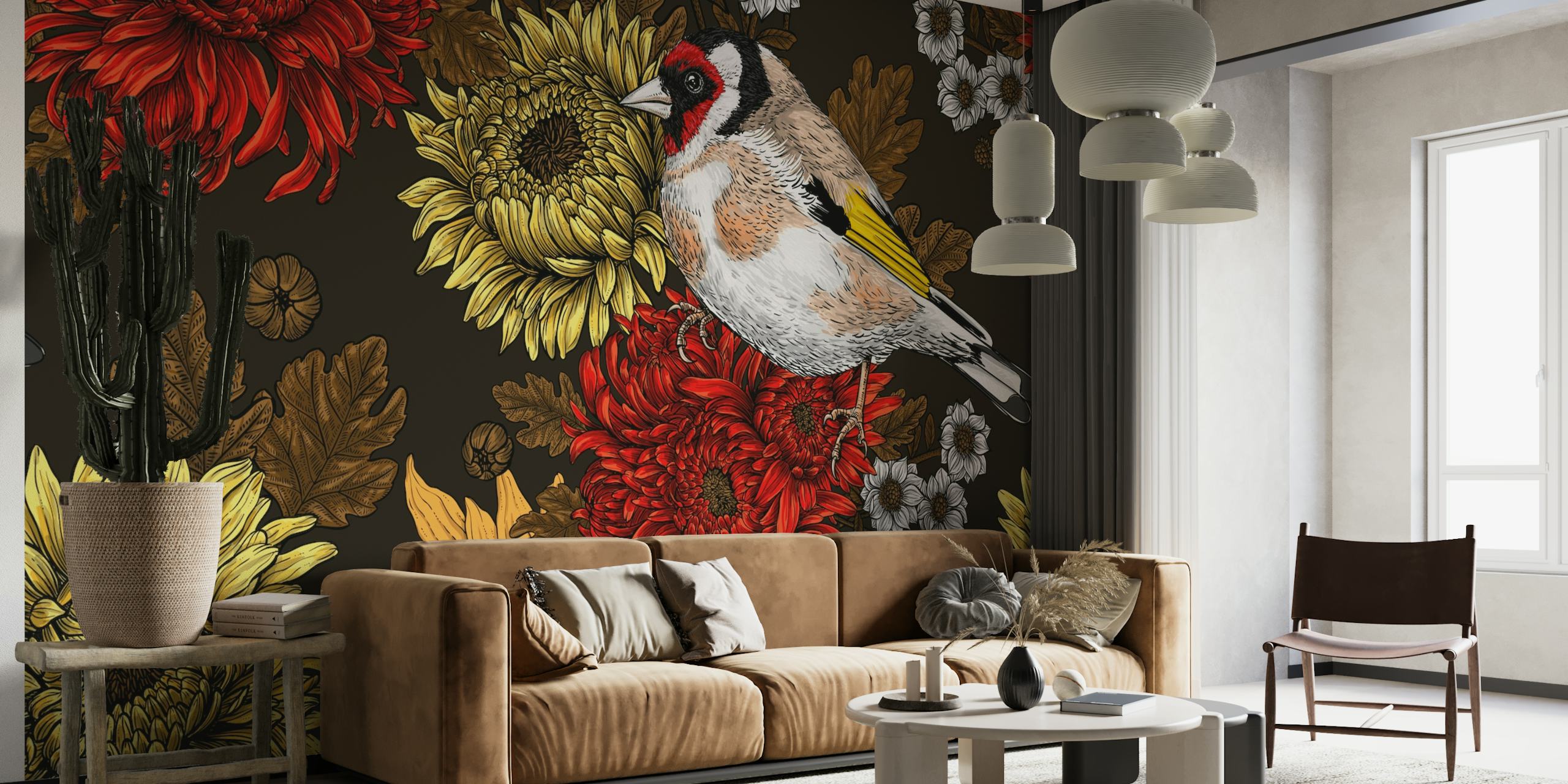 Goldfinch and chrysanthemums 3 behang