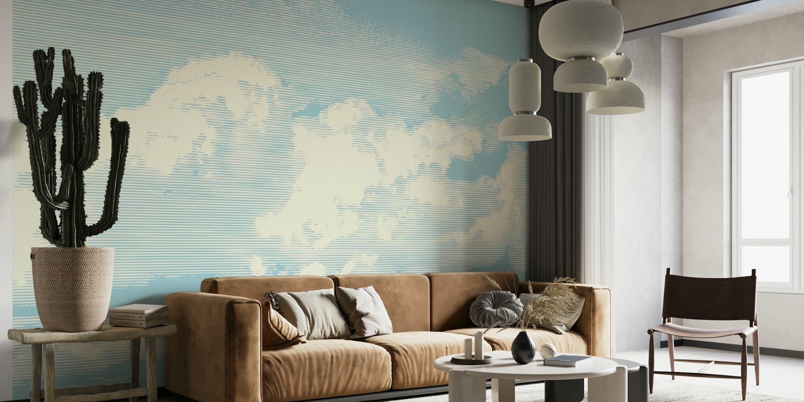 Æstetiske skyer i retrostil på et vægmaleri i pastelblå himmel