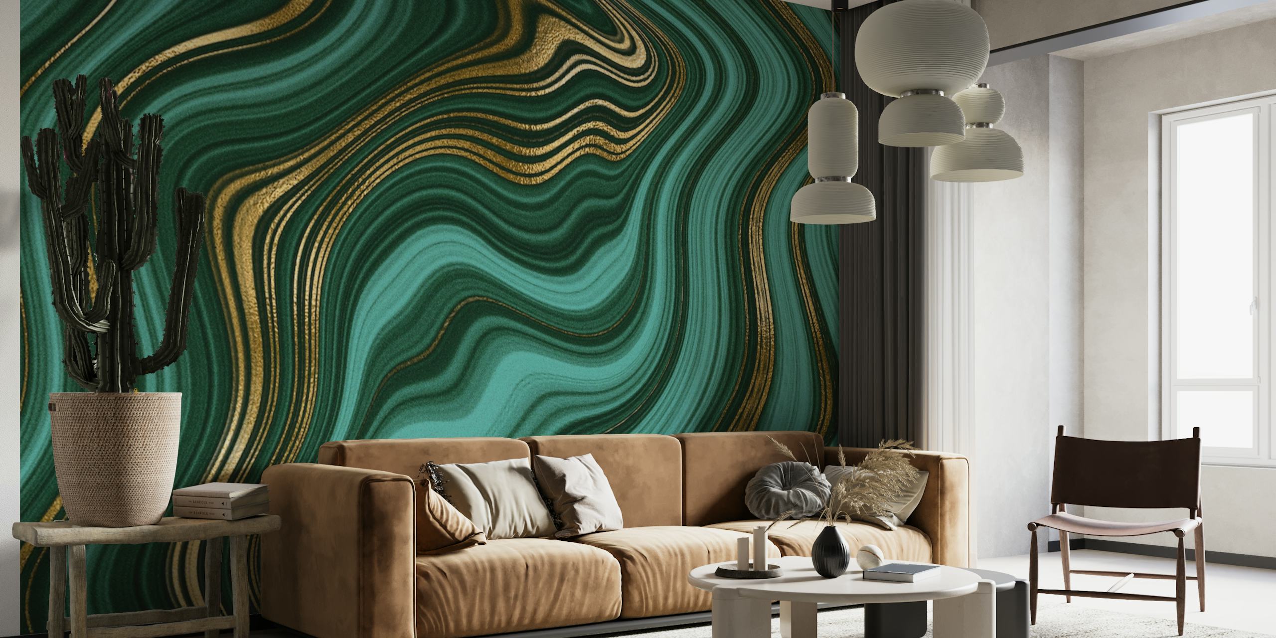 Abstrakteja malakiitinvihreitä ja kultaisia aaltokuvioita Moody Faux Malachite Marble Gemstone Waves 1 -seinämaalaukseen
