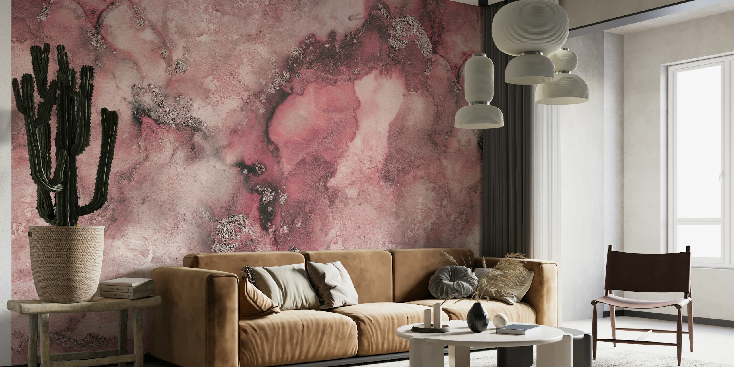 Smoke Pink Marble Art mural with pink and grey swirls