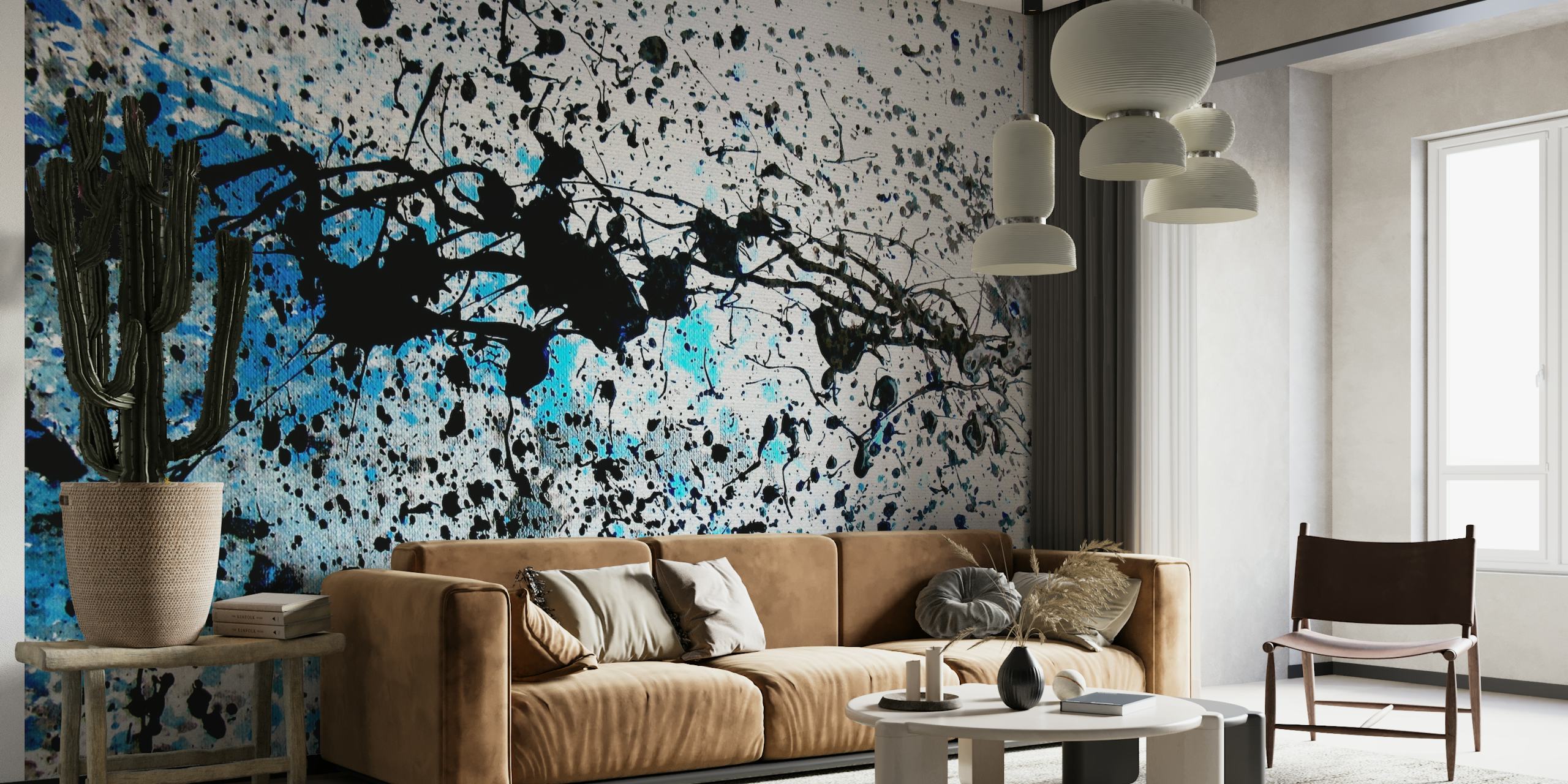 Abstract wall mural Inbetween Blue Days with splashes of blue and black on white background
