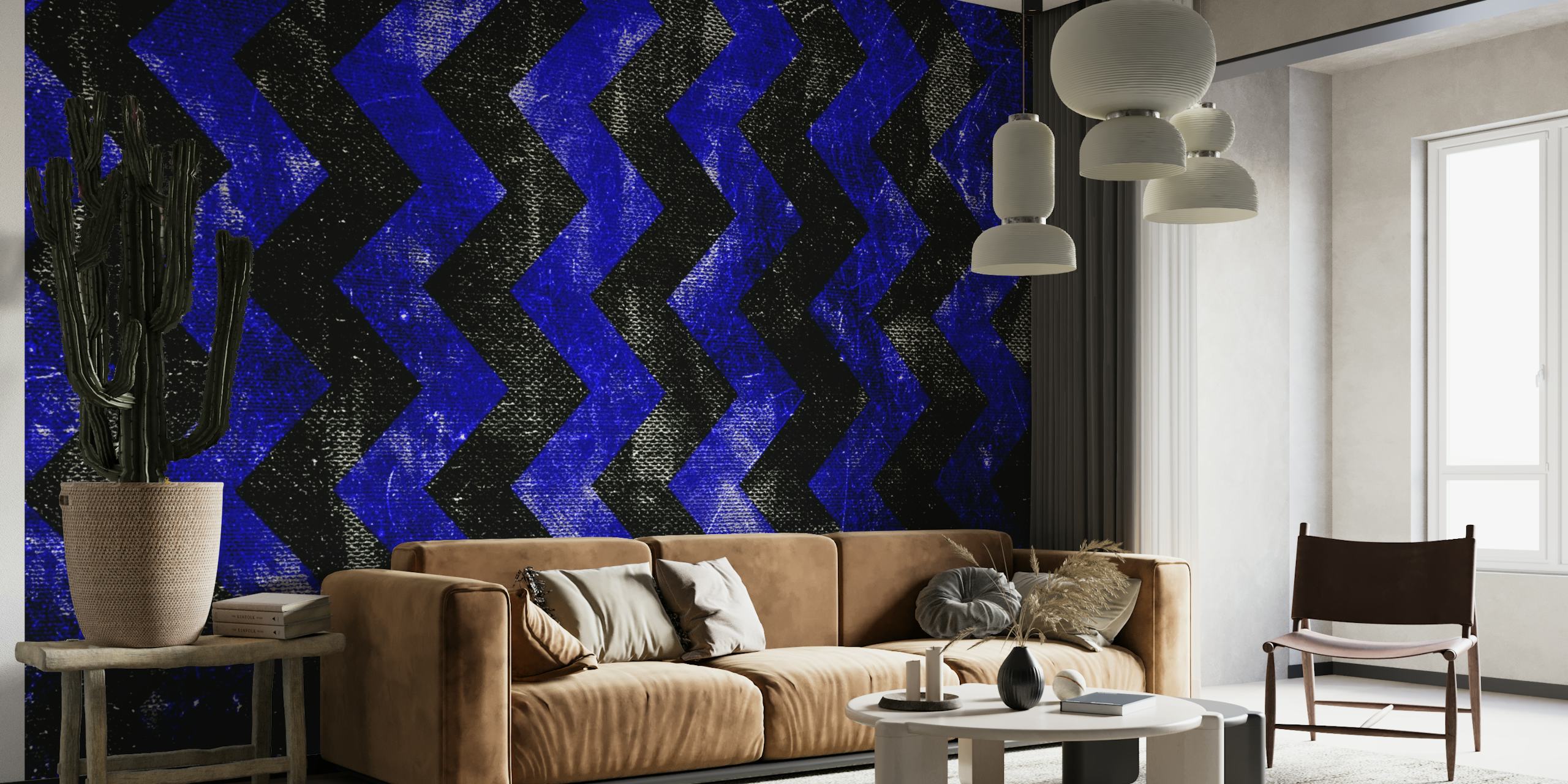 Papier peint mural abstrait de lignes bleues créant un motif en zigzag tridimensionnel sur un fond sombre