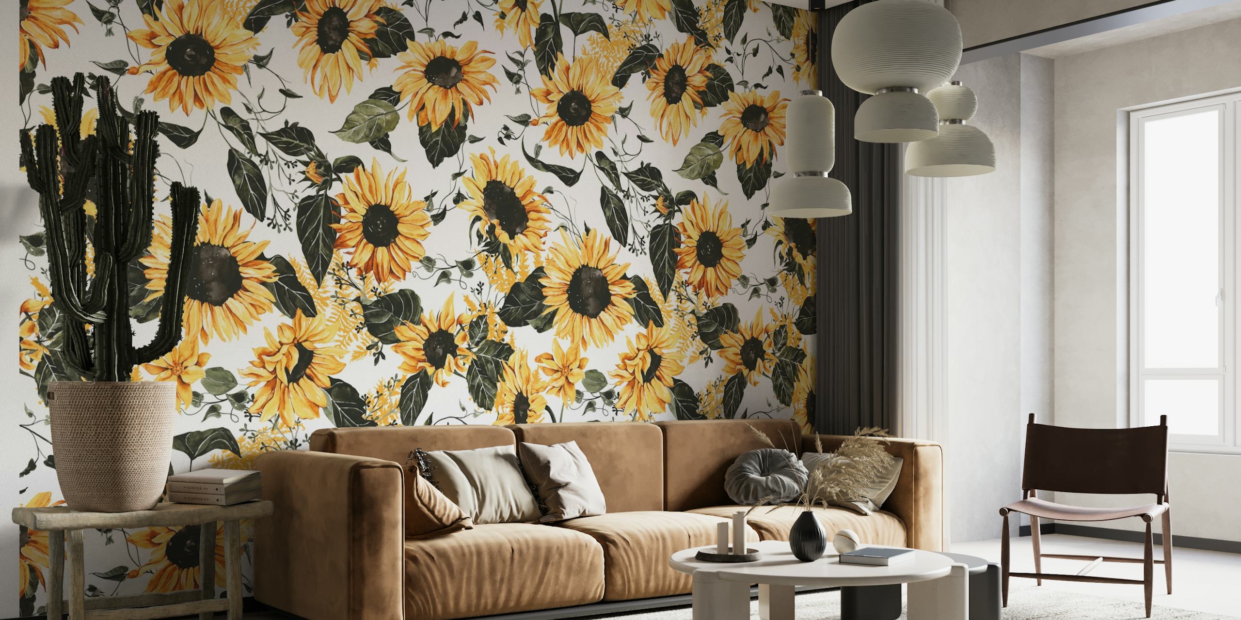 Wild Meadow Sunflowers wall mural with bright sunflowers and green leaves on a soft background.