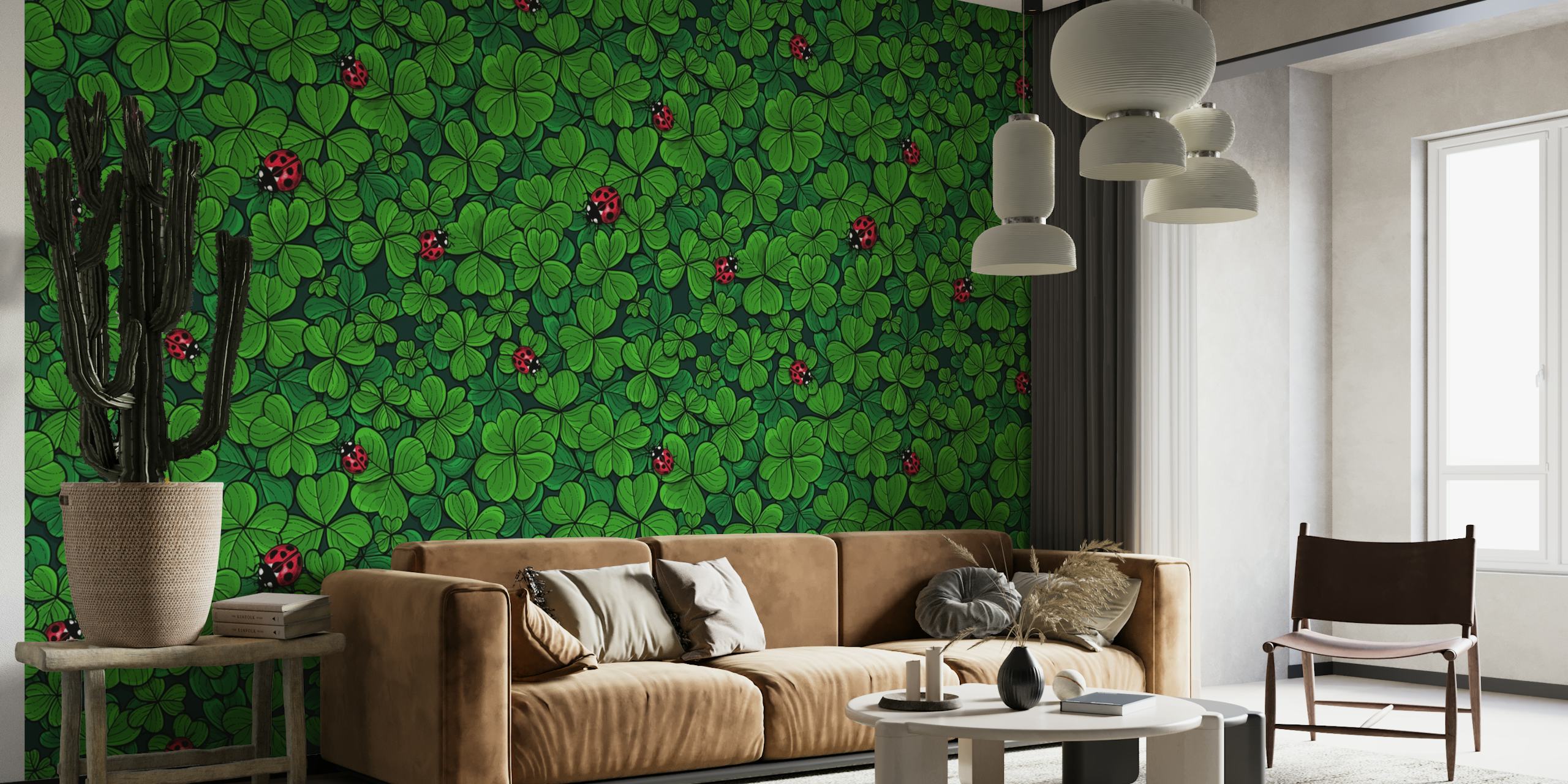 Veggmaleri 'Find the Lucky Clover 5' med grønt kløver og rødt blomstermønster