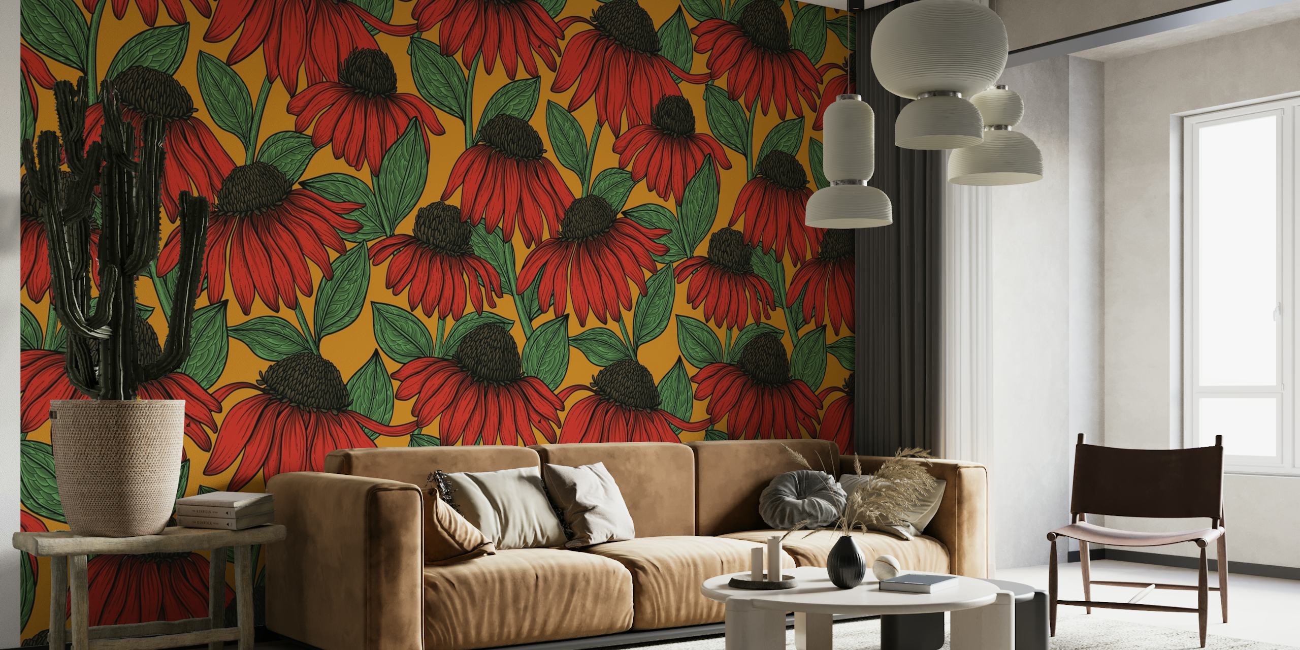 Wall mural of red coneflowers with lush green foliage on a dark background