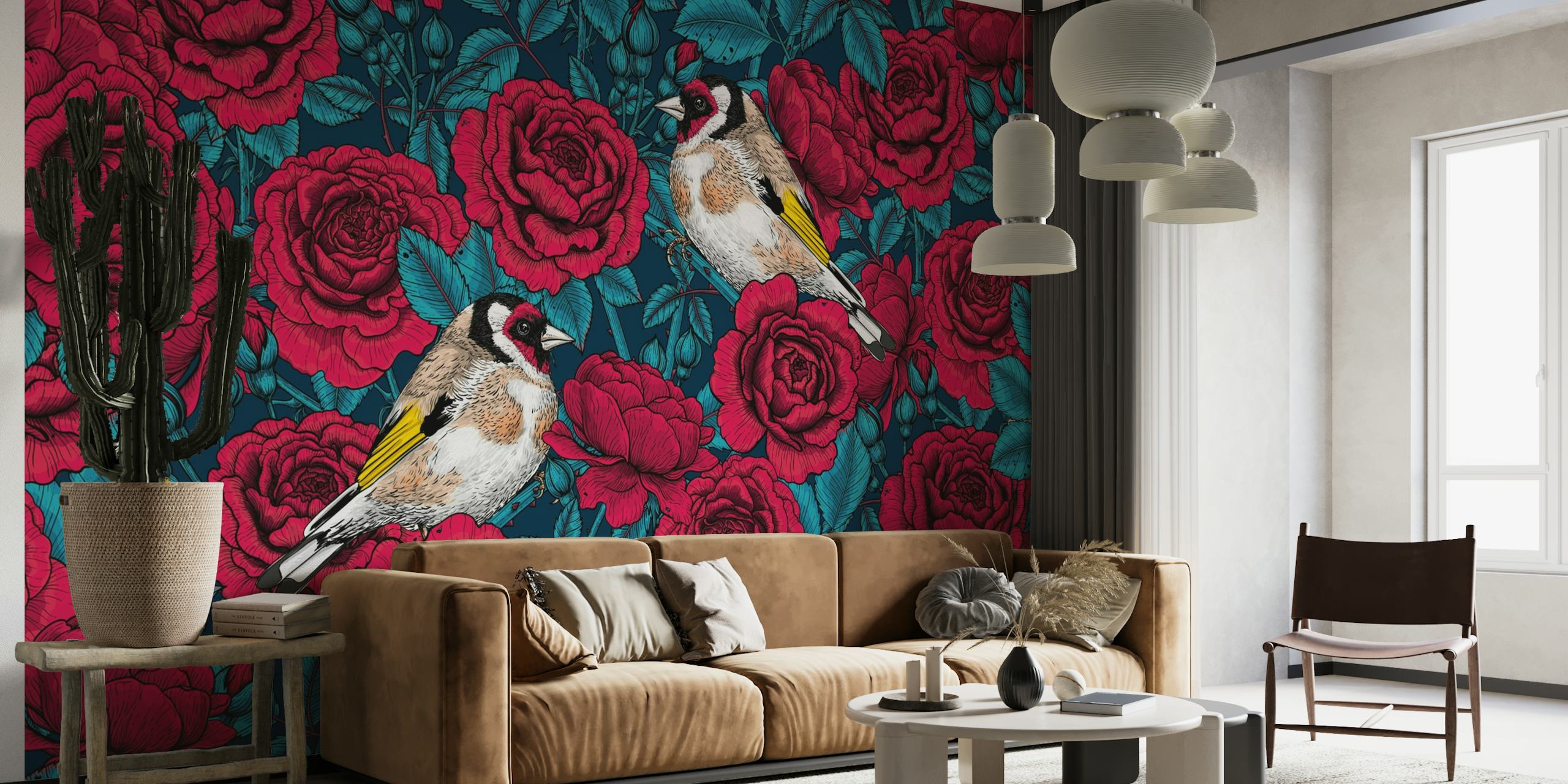 Red roses and birds papel pintado