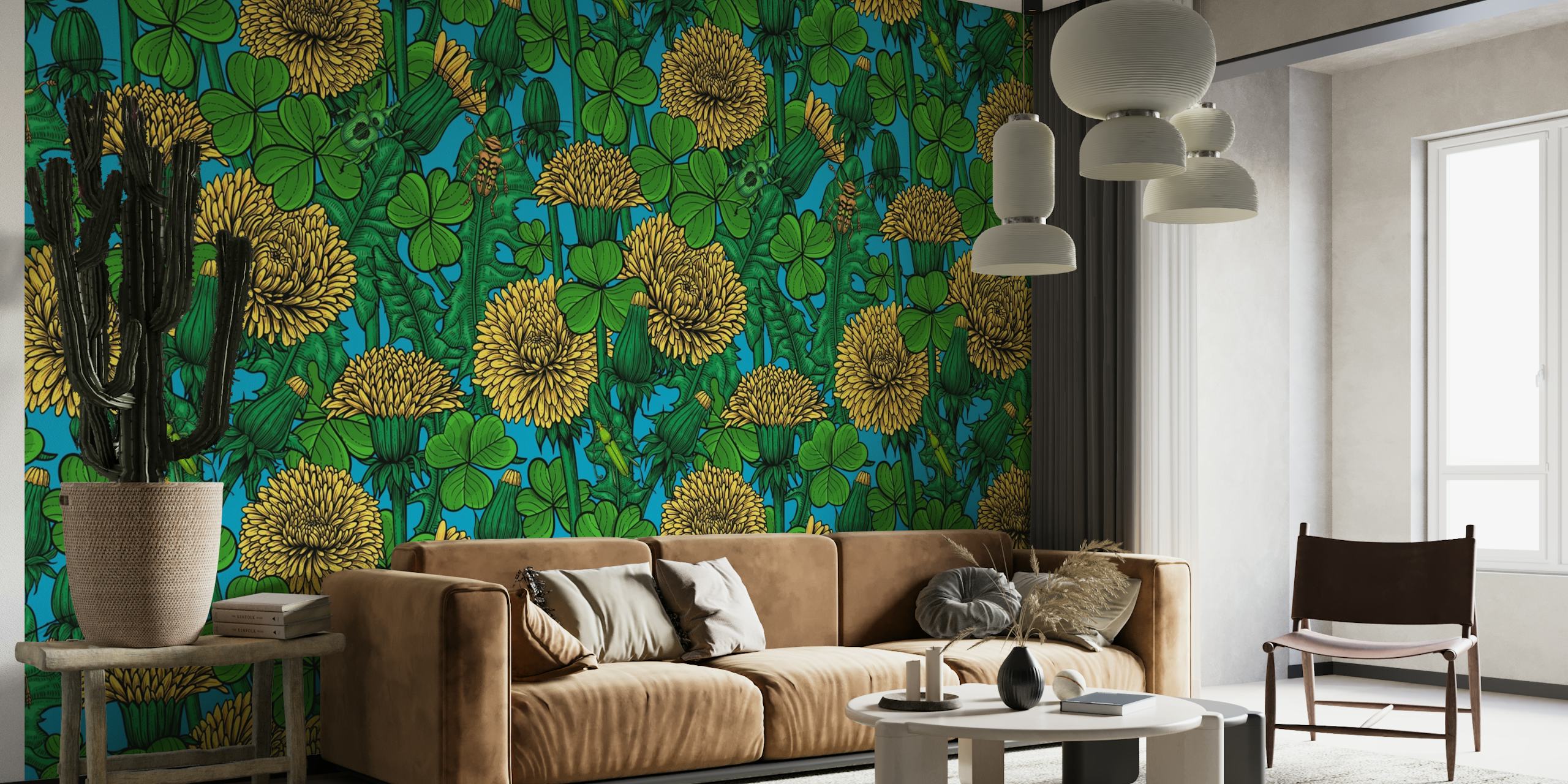 A wall mural with dandelions and clovers on a blue background