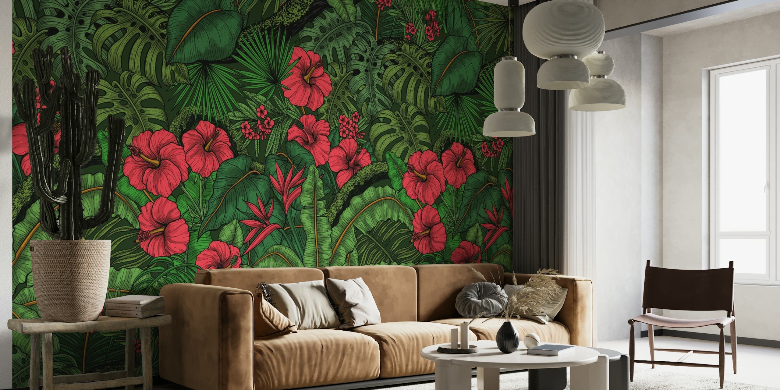 Mural de pared de jardín tropical vibrante con flores rojas y hojas verdes exuberantes