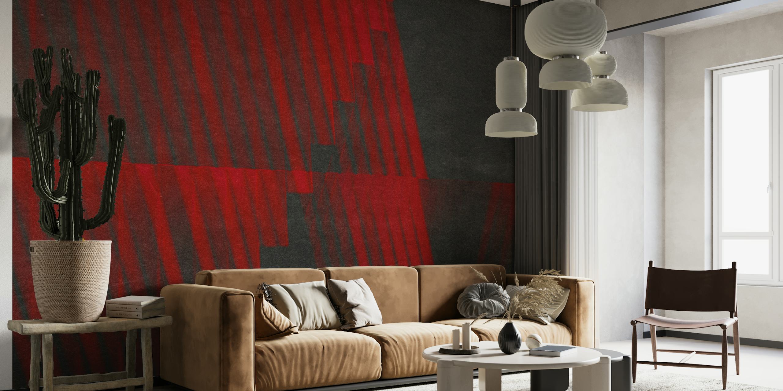 Abstract Rojo y Gris 3 wall mural featuring bold red lines on a textured gray background