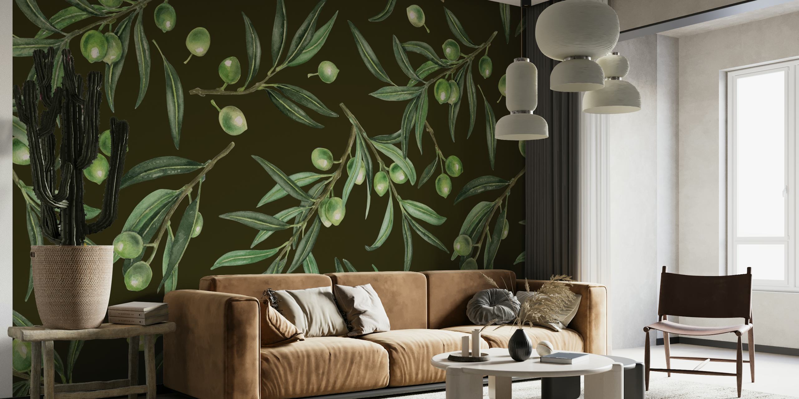 Watercolor olive branches on a dark background wall mural