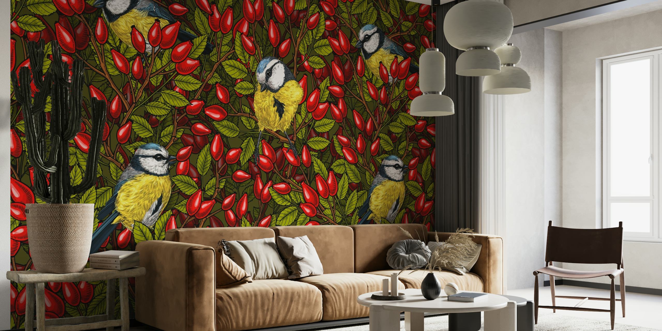 Värikäs lintujen ja punaisten koiran ruusunmarjojen seinämaalaus