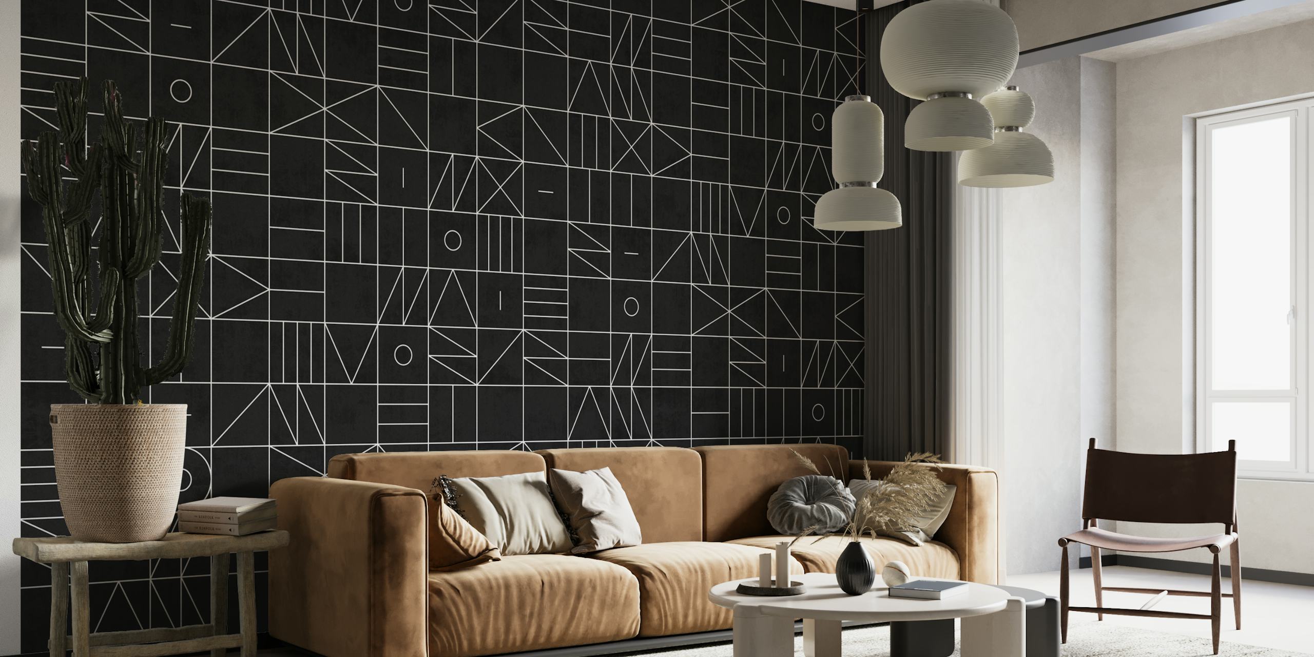 Muurschildering met abstract geometrisch patroon in zwart en wit