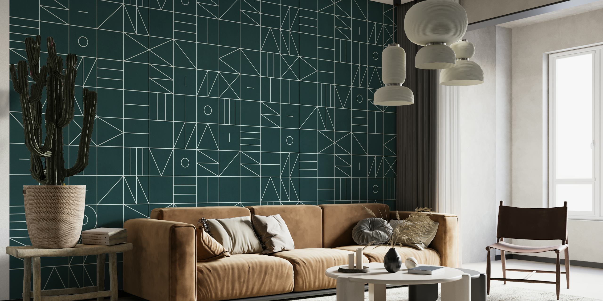 Muurschildering met geometrisch patroon met blauwgroen en wit design