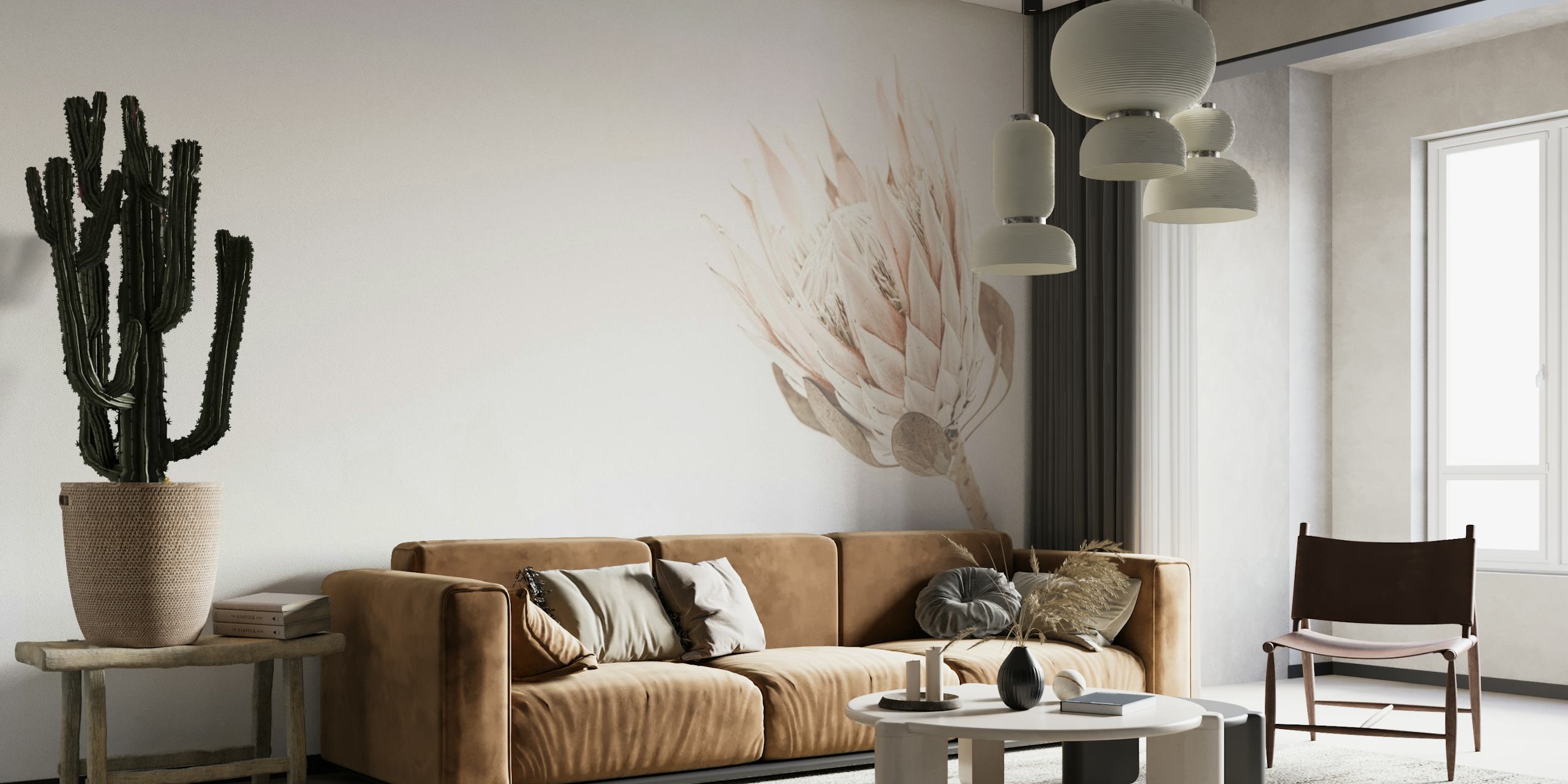 Protea Creme Wandbild mit einer einzelnen hellen Proteablüte vor einem cremefarbenen Hintergrund