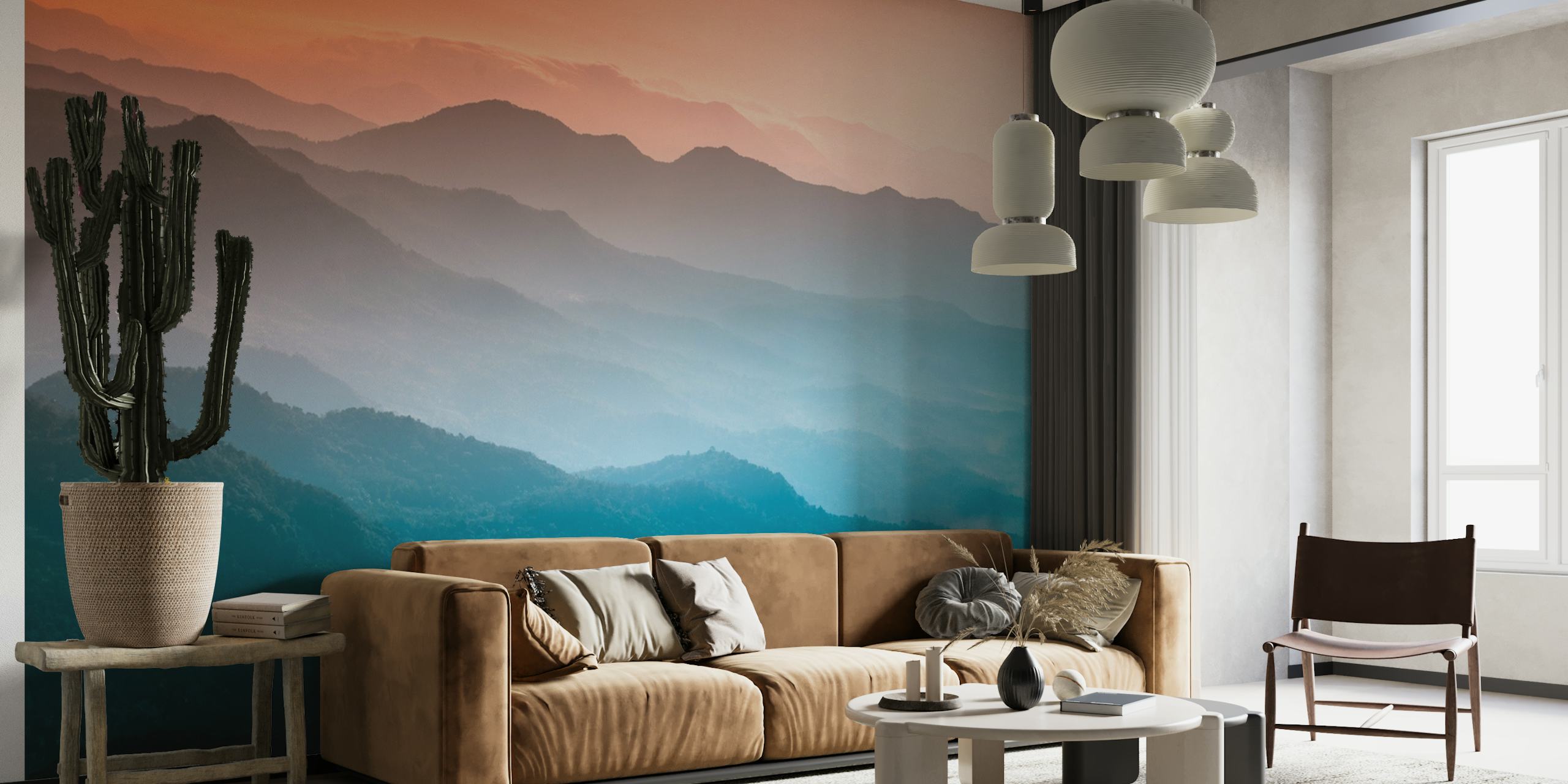 Värikäs sumuiset vuoret seinämaalaus