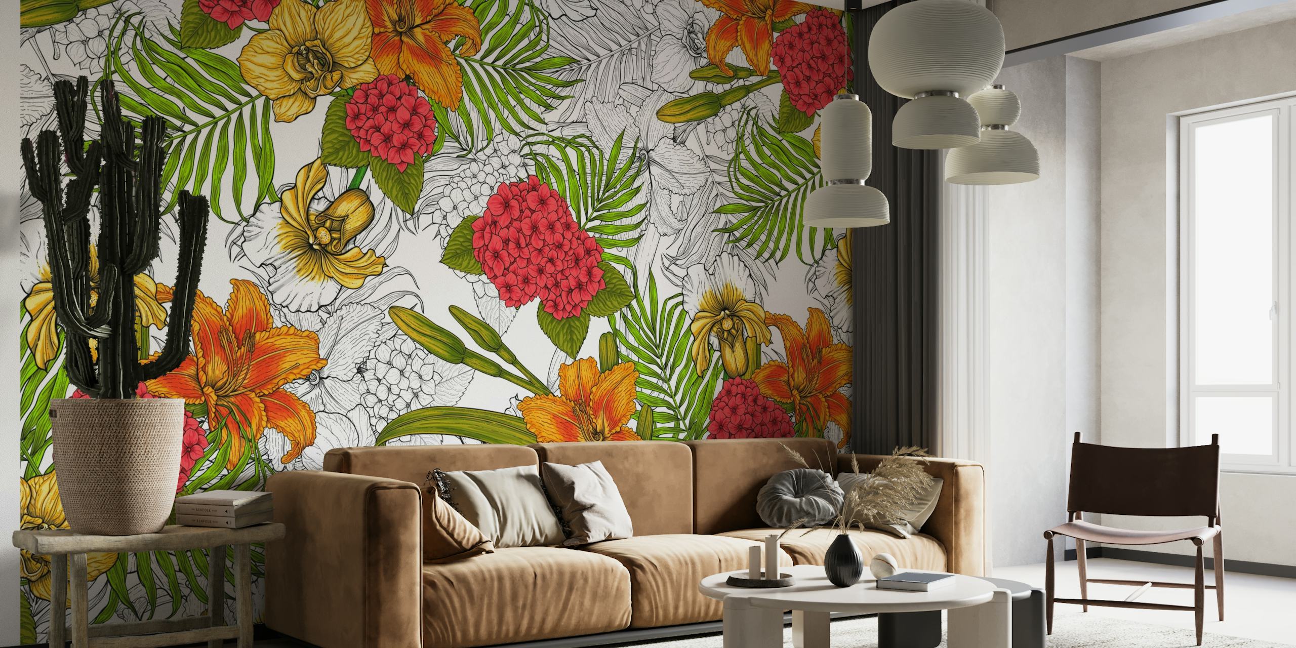 Levendige tropische bloemen en groen muurschildering