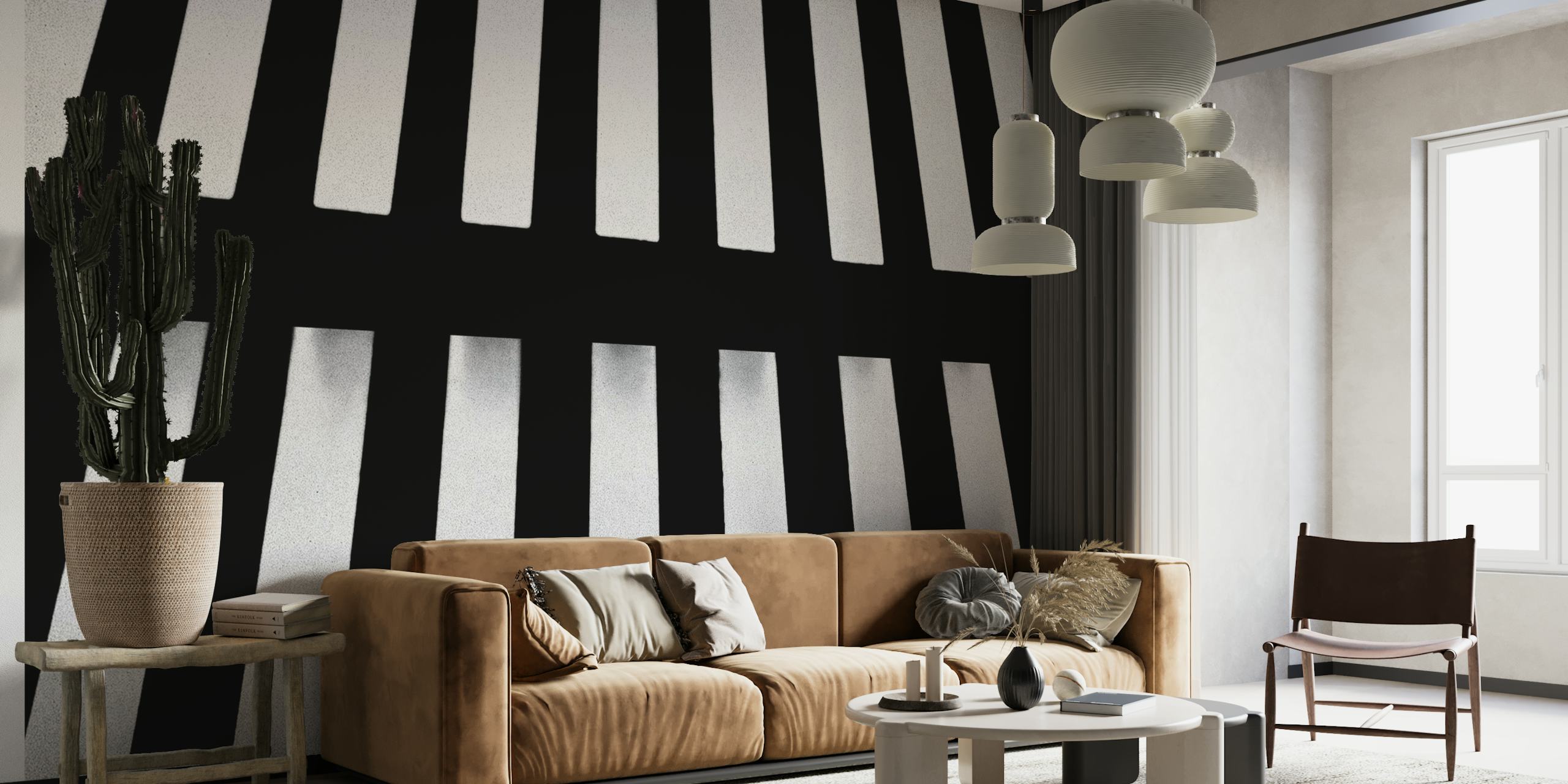Black and white geometric striped wall mural creating an optical illusion